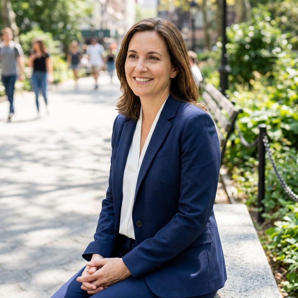Woman in a soft grey blazer, single button closing several inches below the natural waist leaving a long open upper front.