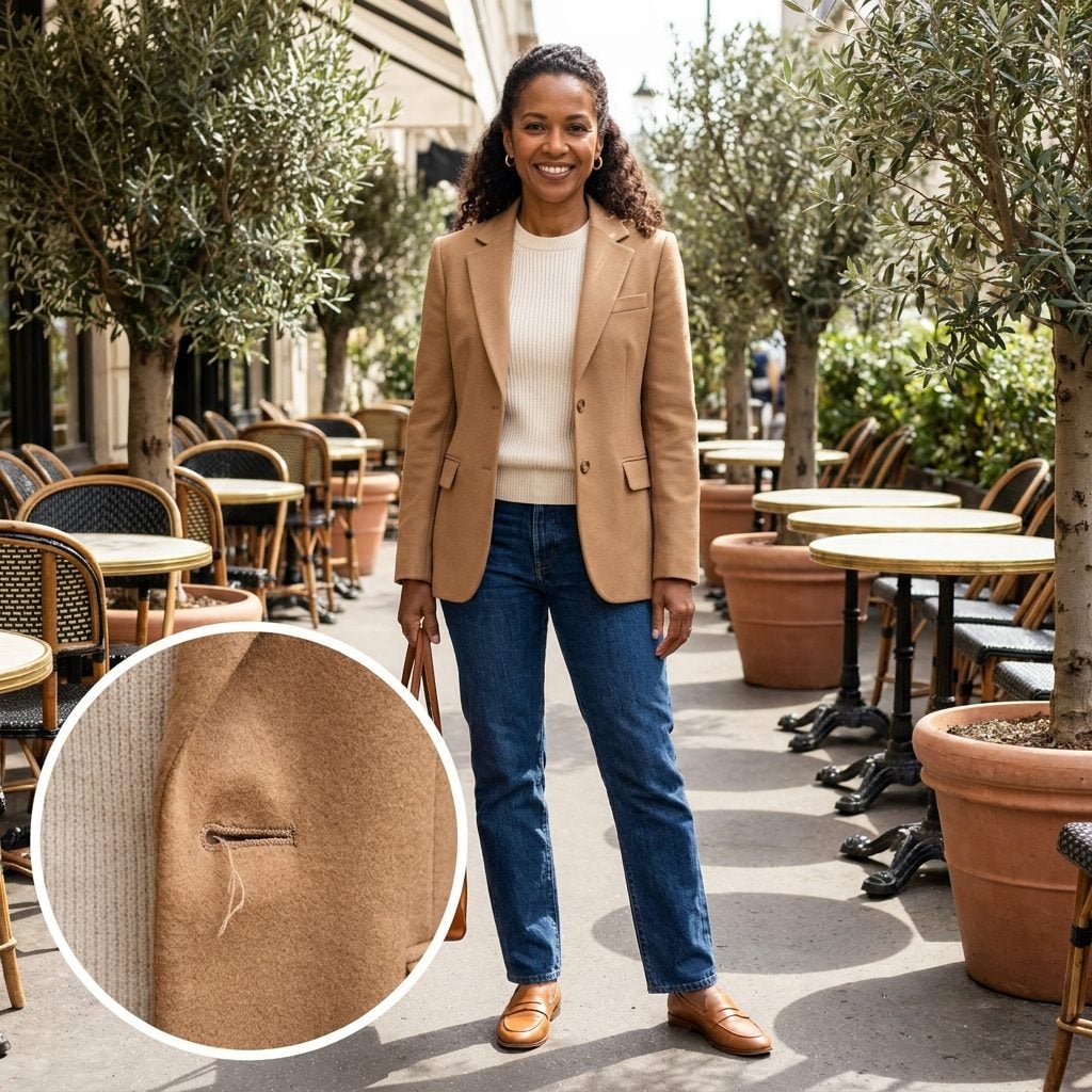 Woman in a camel blazer and cream knit, front buttonhole showing loose frayed stitching.