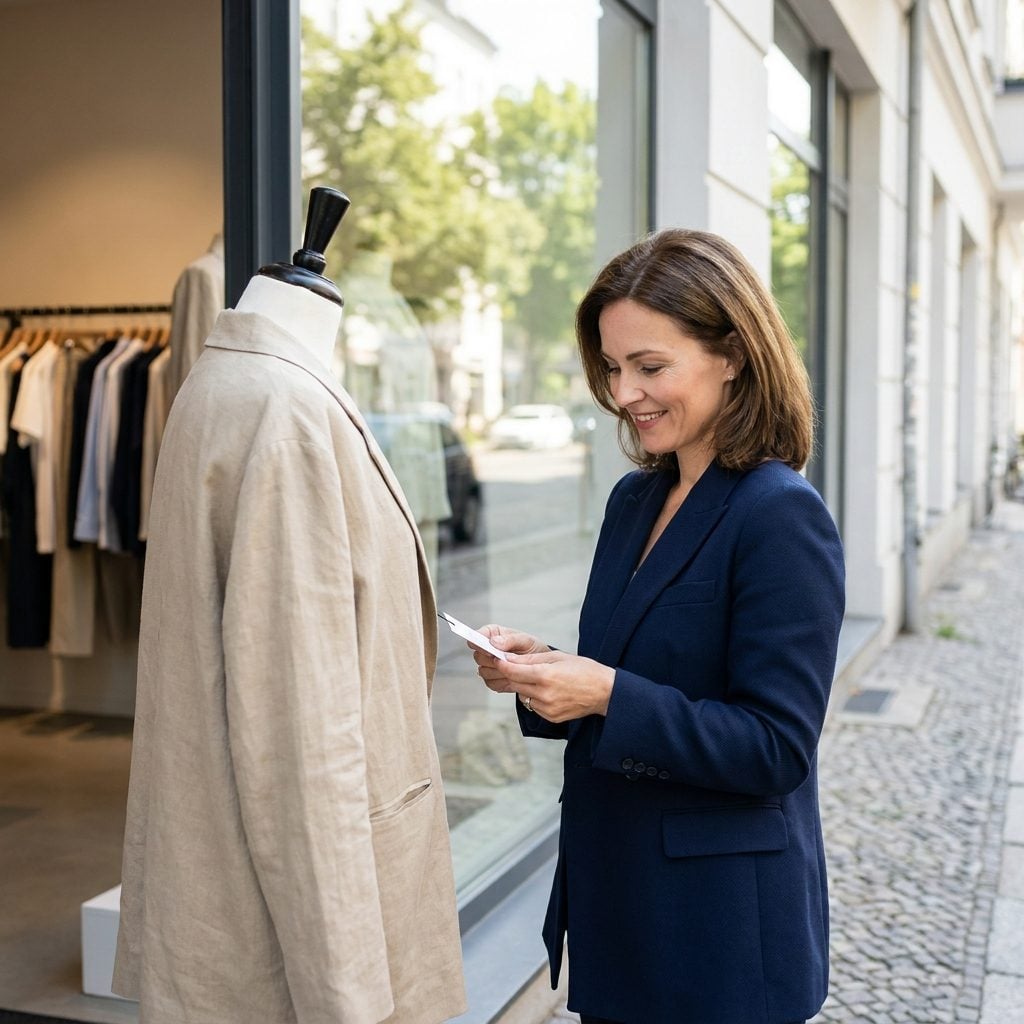 American woman in a camel blazer and black trousers, the jacket shoulder seams extending past her shoulders and sleeves