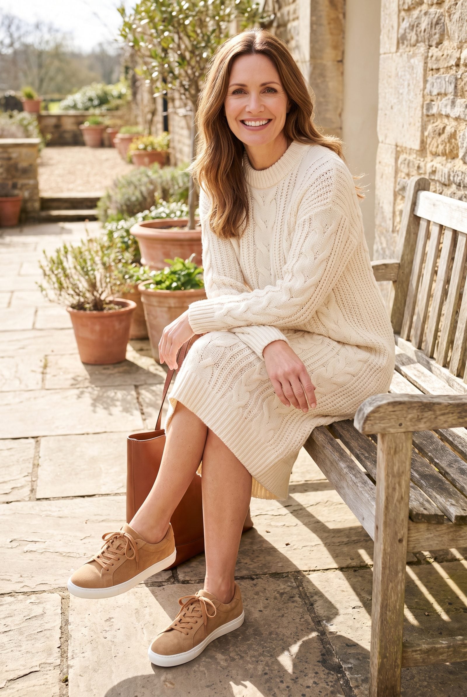 Cable-Knit Sweater Dress With Slim Suede Sneakers: Chic