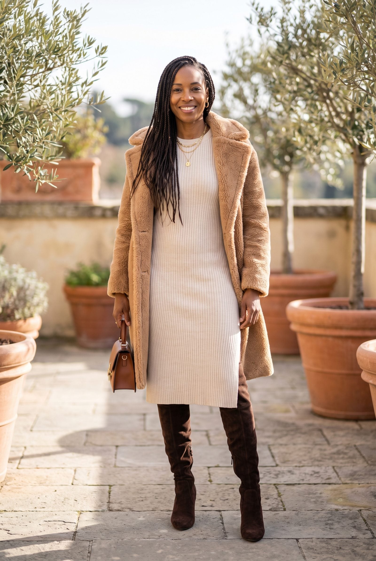 Woman in a cream calf-length knit dress and brown over-the-knee boots, the boot shafts bulging under the hem at the knee.