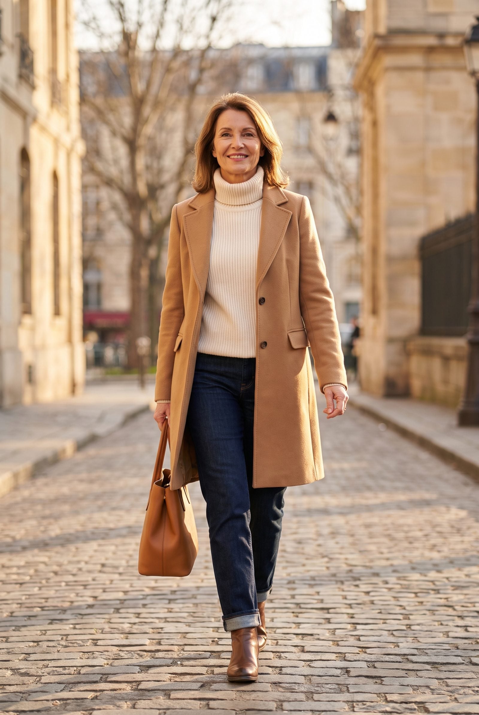 Camel Coat Over a Cream Turtleneck and Dark Straight-Leg Jeans
