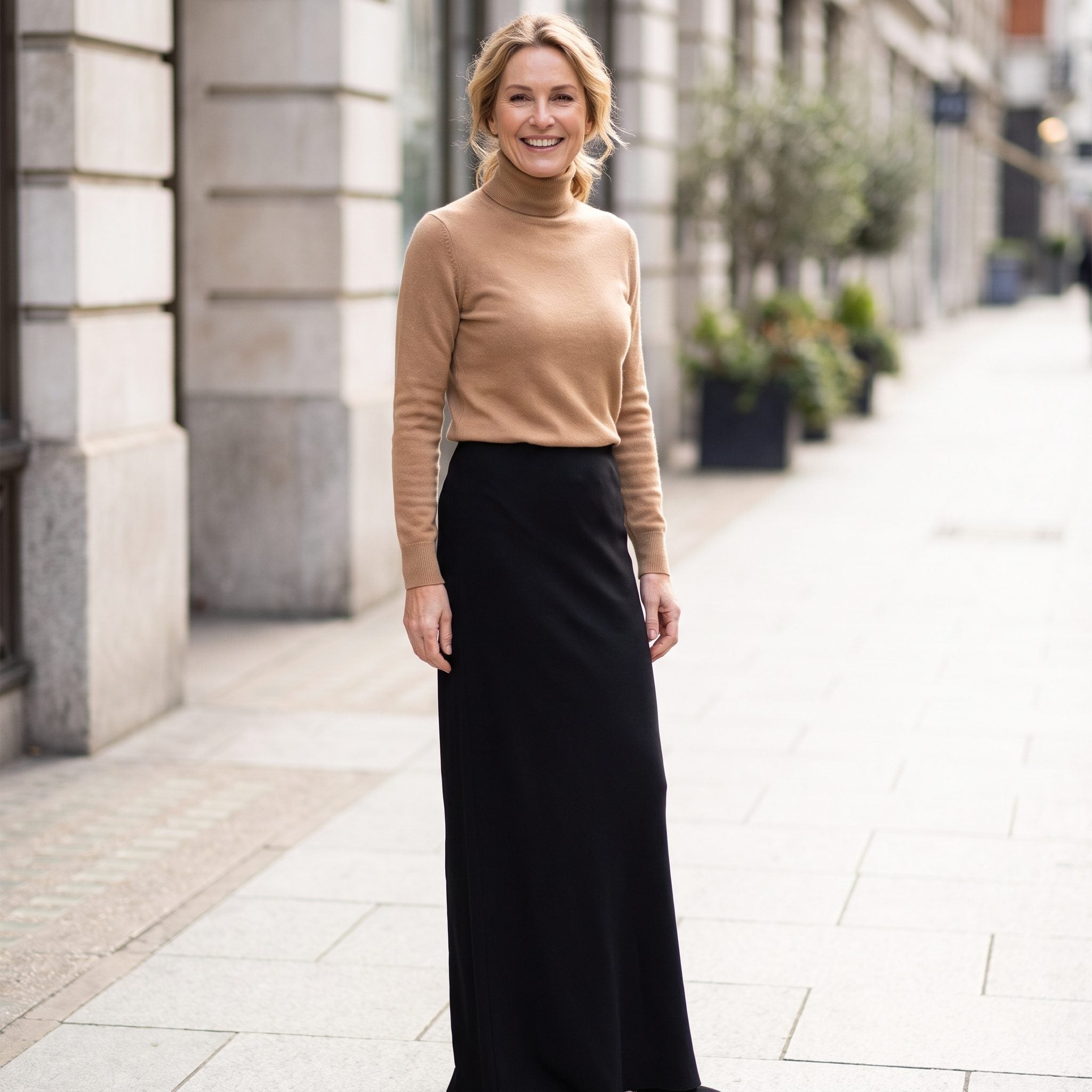 Camel Turtleneck Over a Black Column Skirt