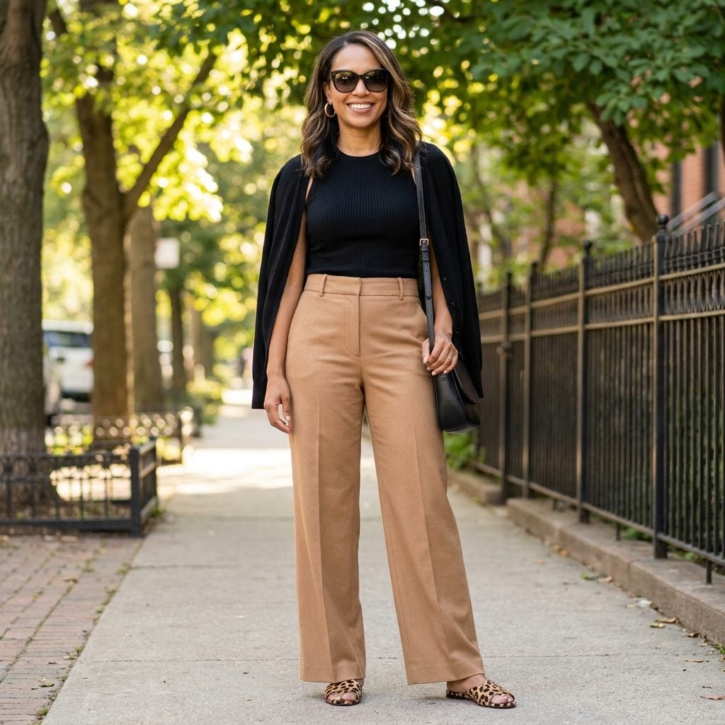 Camel Wide-Leg Trousers + Leopard Print Flat Slides