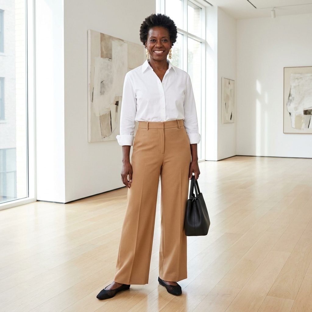 Camel Wide-Leg Trousers + Woven Mesh Ballet Flats