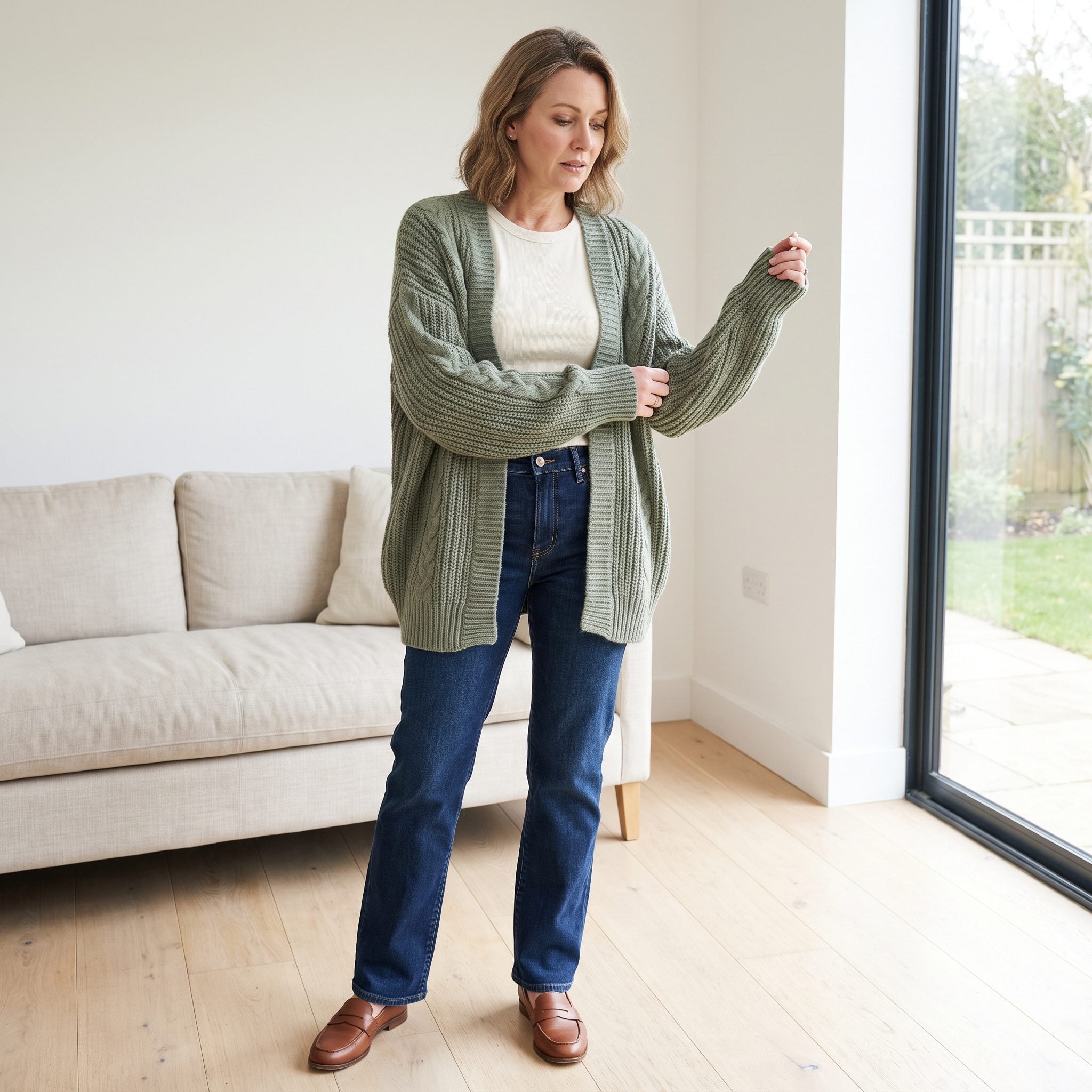 Oversized sage-green chunky cardigan styled with jeans and a light top