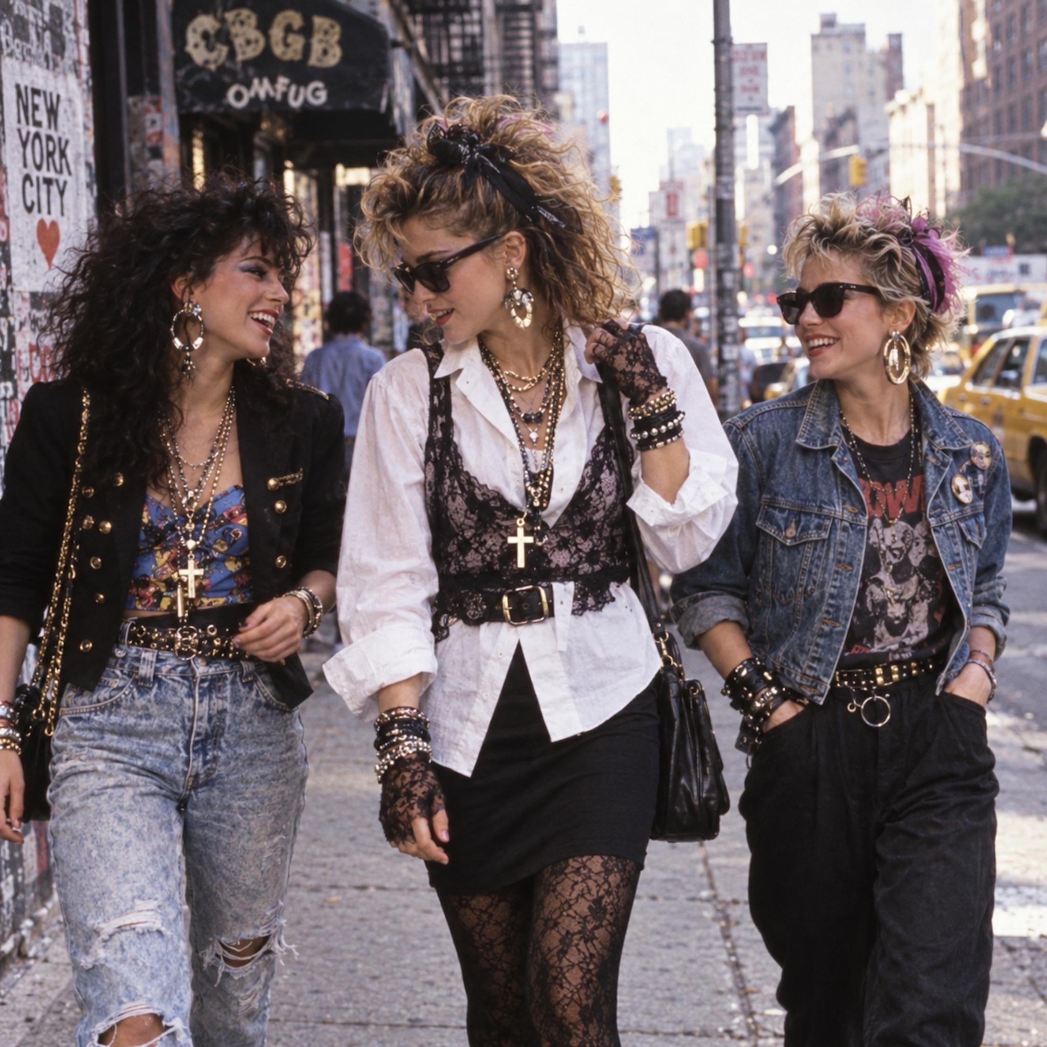 1985 New York street-fashion-inspired scene featuring three friends, with the central woman wearing a white shirt layered with black lace, a wide belt, fingerless gloves and numerous necklaces