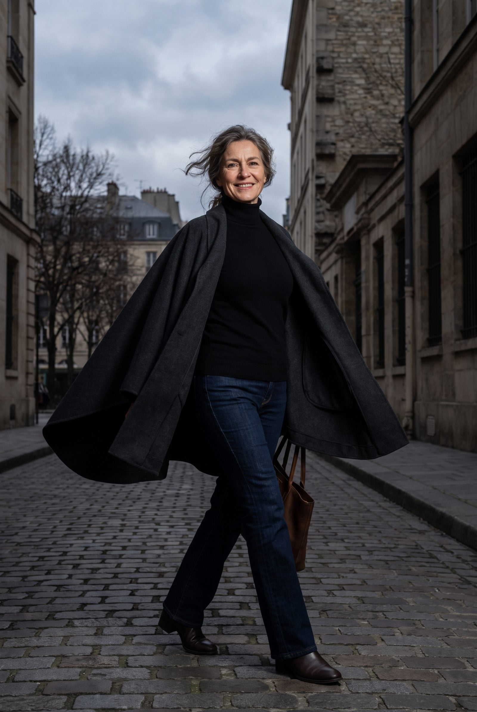 Charcoal Cape Over a Slim Turtleneck and Bootcut Jeans