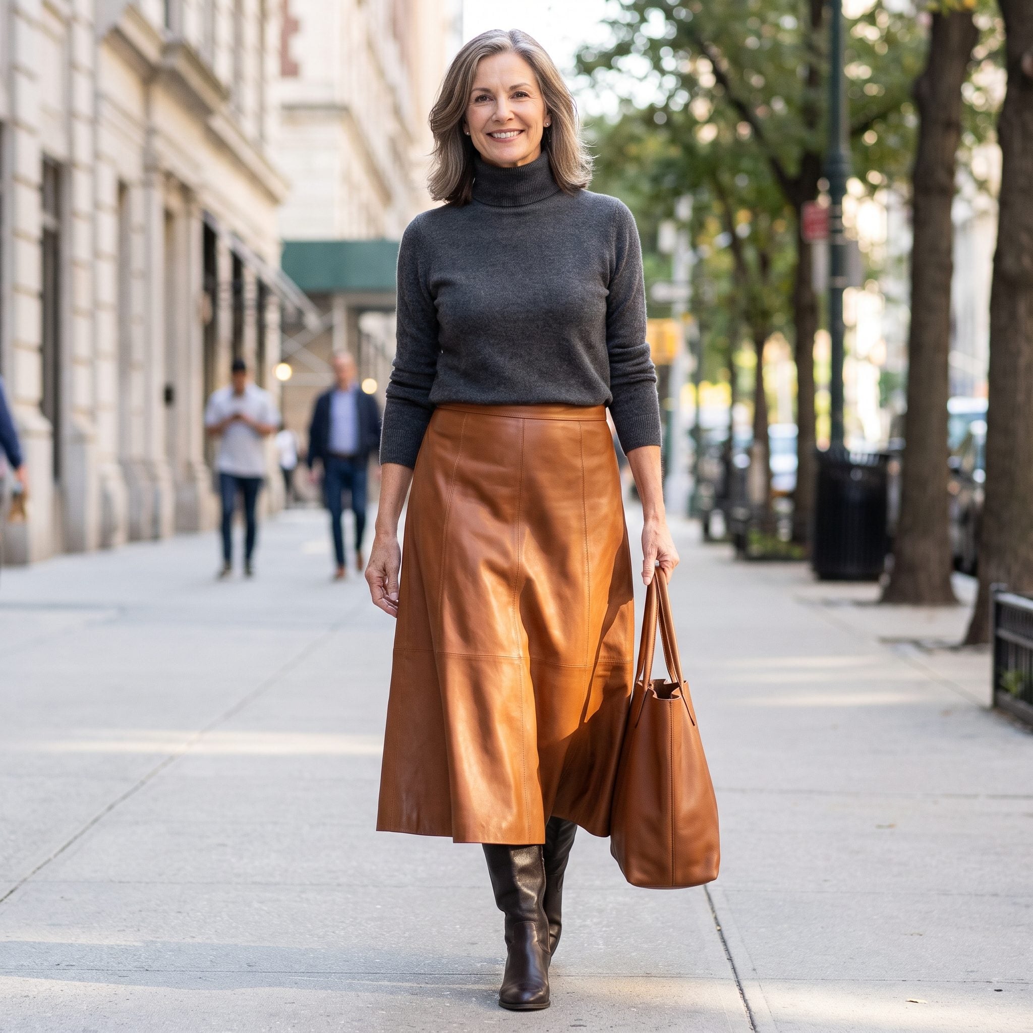 Charcoal Turtleneck With a Cognac Leather Skirt