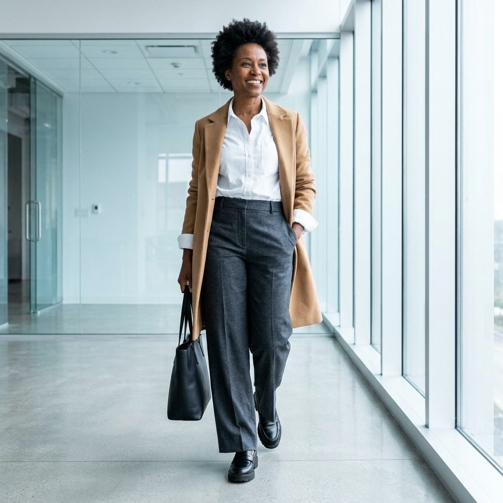 Charcoal Wide-Leg Trousers + Black Leather Loafers With a Chunky Sole