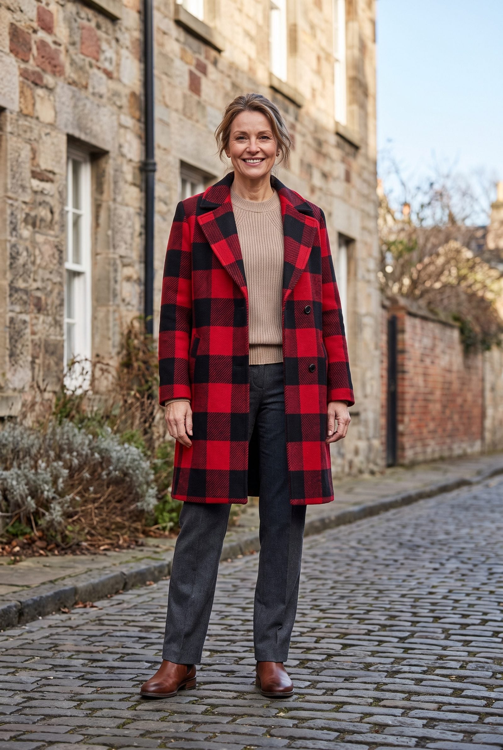 Checked Coat Over a Tonal Sweater and Straight-Leg Trousers