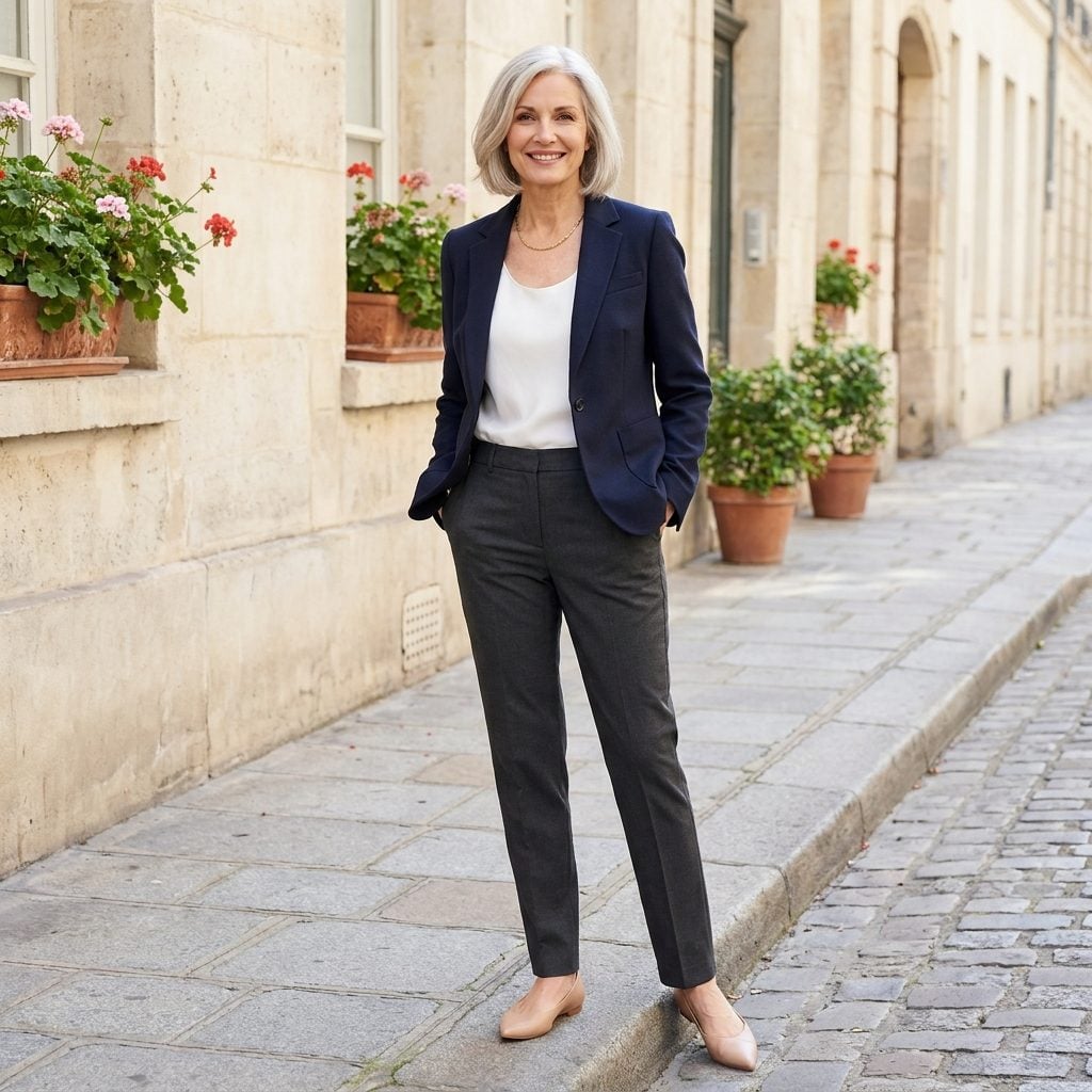 Woman in a navy wool blazer and white silk shell, chest pocket tilted about half an inch off horizontal.