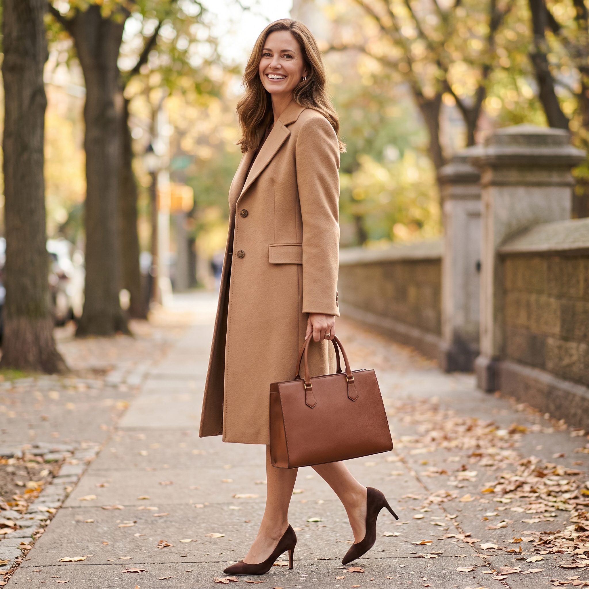Chocolate-Brown Pumps + Brown Leather Handbag