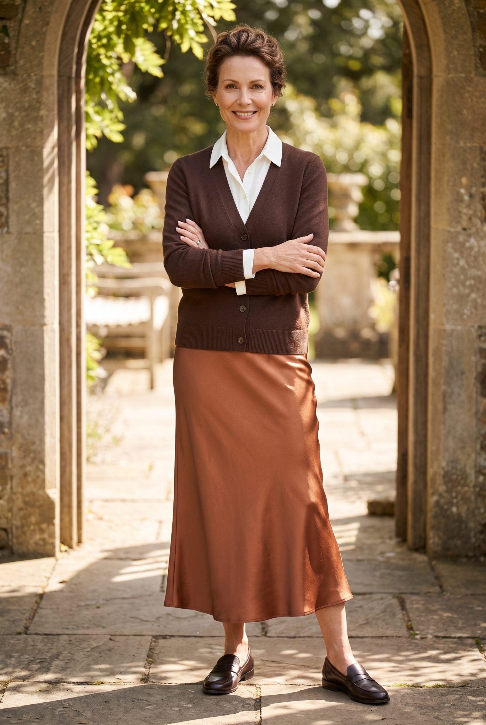 Chocolate Cardigan Over a Crisp White Shirt and Satin Midi Skirt