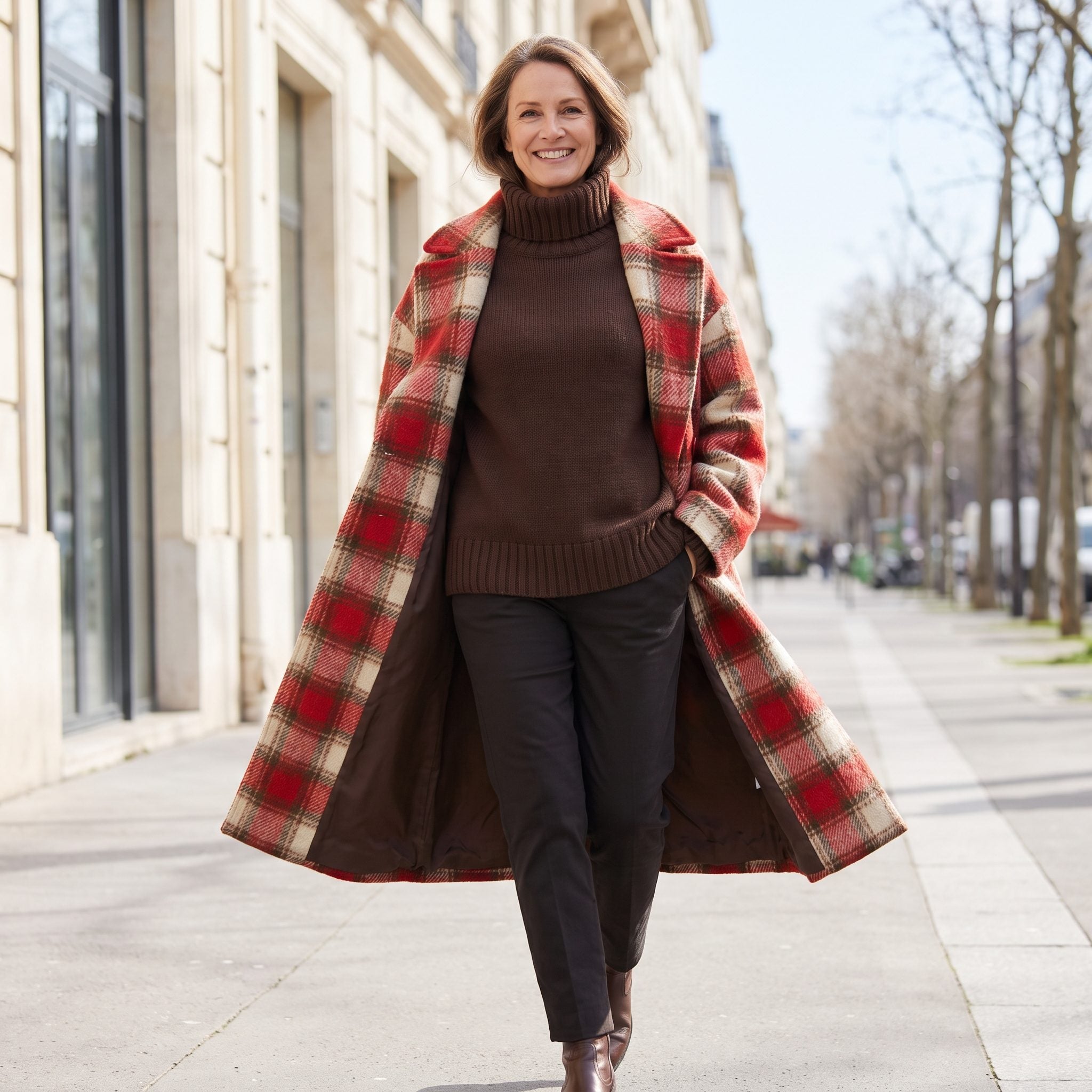Chocolate Turtleneck Under a Dramatic Plaid Coat