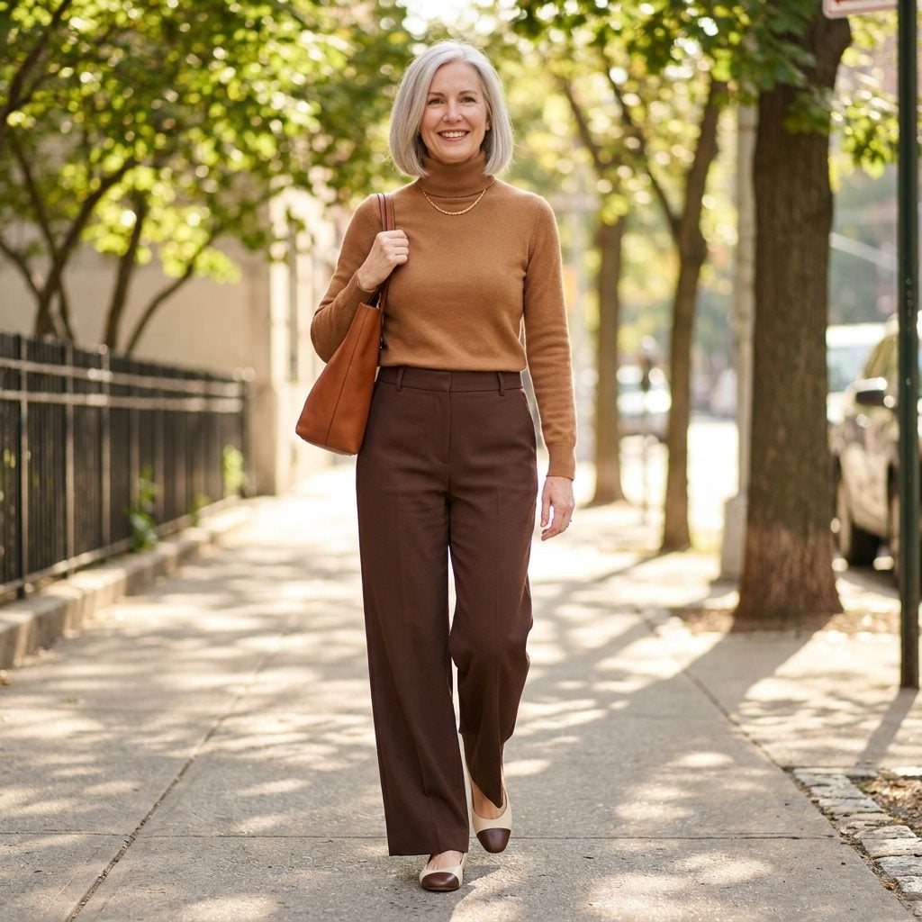 Chocolate Wide-Leg Trousers + Two-Tone Cap-Toe Flats