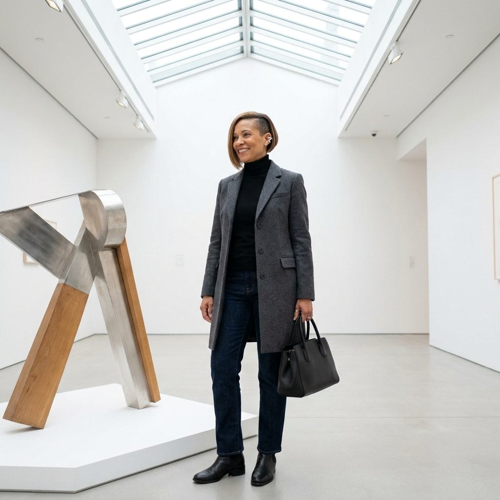 Woman in a grey coat and black turtleneck with a sharp asymmetrical bob, one side jaw-length, one side cropped.