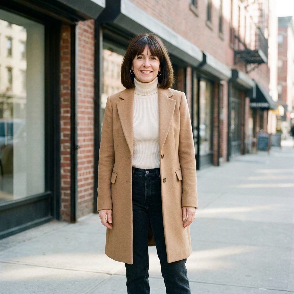 Woman with a dark bob and heavy blunt bangs that have separated into two sections down the middle of her forehead.