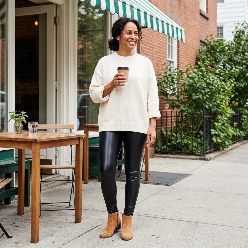 Woman in high-gloss coated black leggings, cream sweater, and tan suede boots outside a cafe.