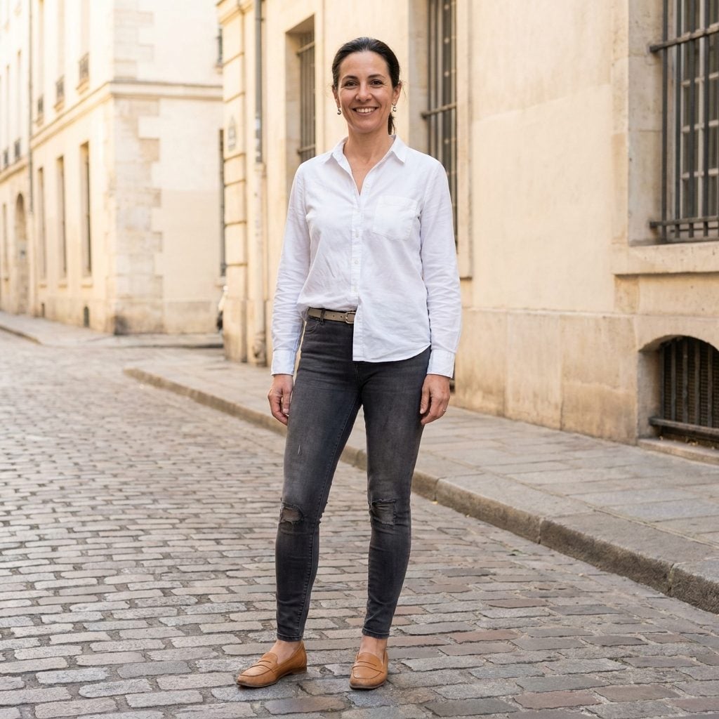 Woman in a white shirt and faded, pilled black leggings with a thinning knee area.