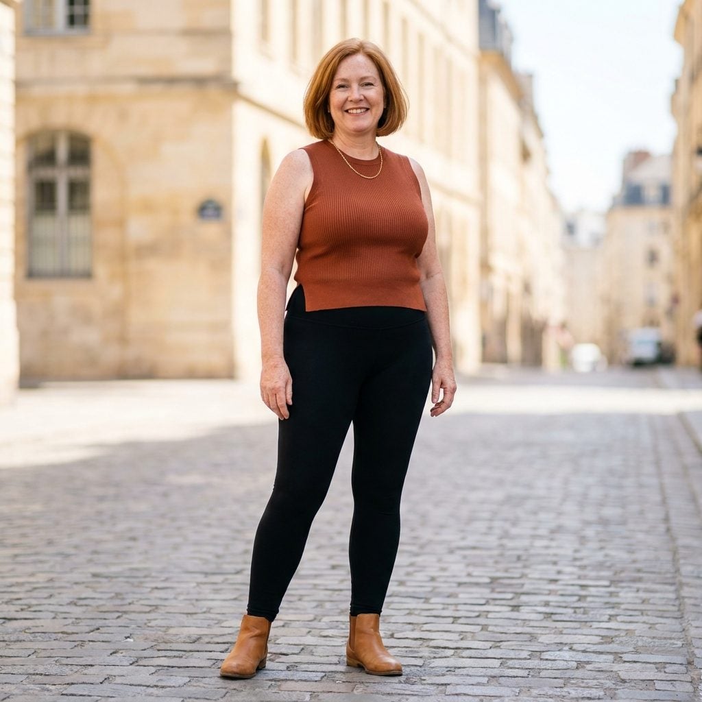 Woman in black leggings and a fitted rust knit top with a straight hem cutting across the widest part of the hips.