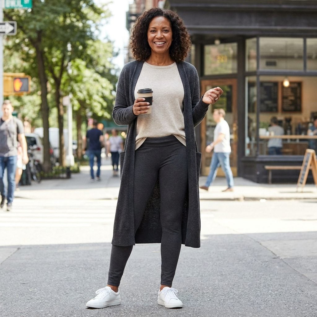 Woman in charcoal leggings and an oatmeal tunic, waistband folded into a visible roll at the front.