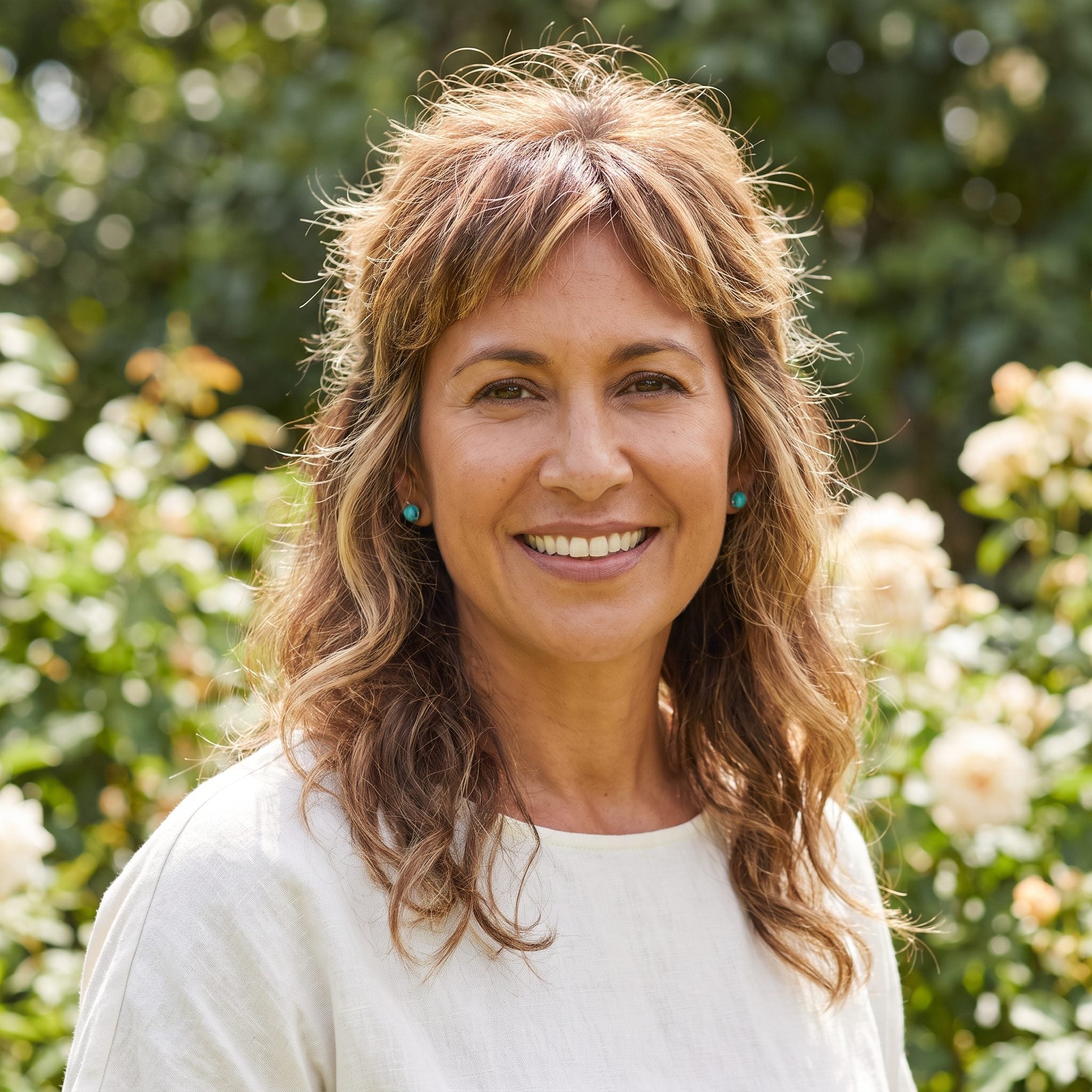 Woman with wavy dark-blonde hair whose short choppy crown layers stand up in a halo of flyaways above the smoother waves