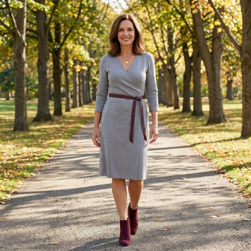 Woman in a dove-grey ponte wrap dress with a slim burgundy belt pulled tight, causing vertical pull lines from the buckle.