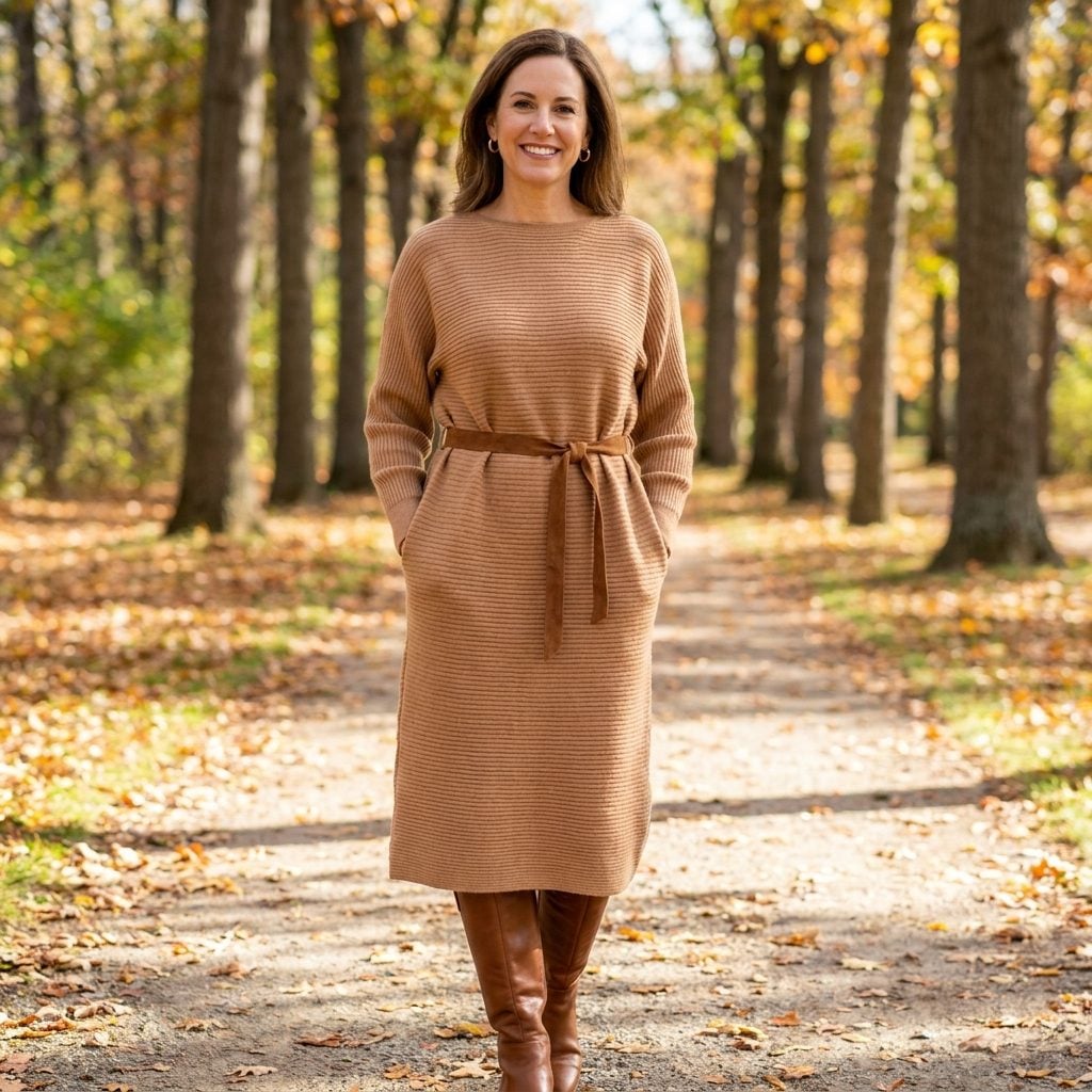 Woman in a camel ribbed knit dress with a suede belt pulled snug, the knit puckering into ridges above and below the waist.