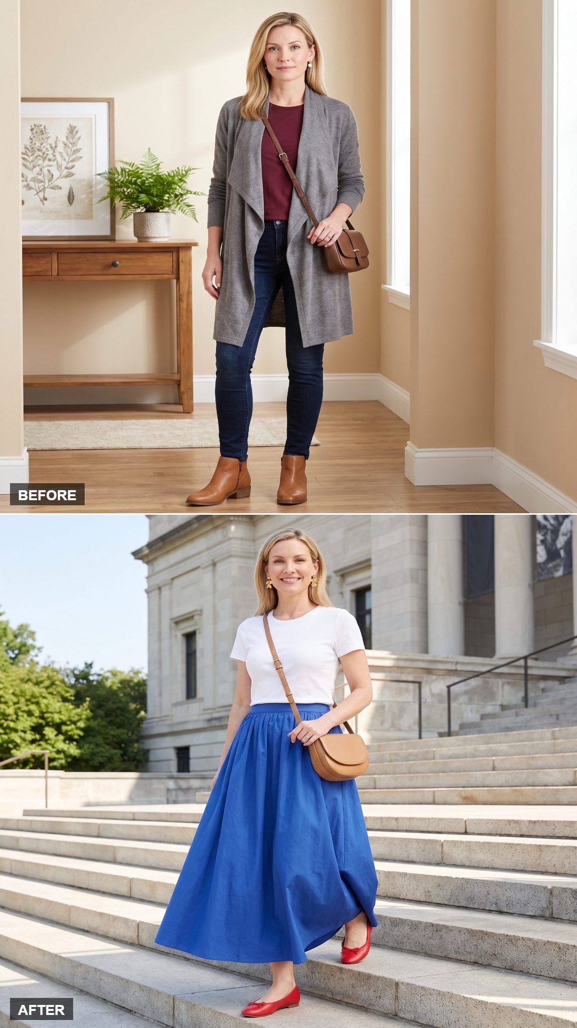 Cobalt Poplin, a White Tee, and Red Sandals Doing the Talking