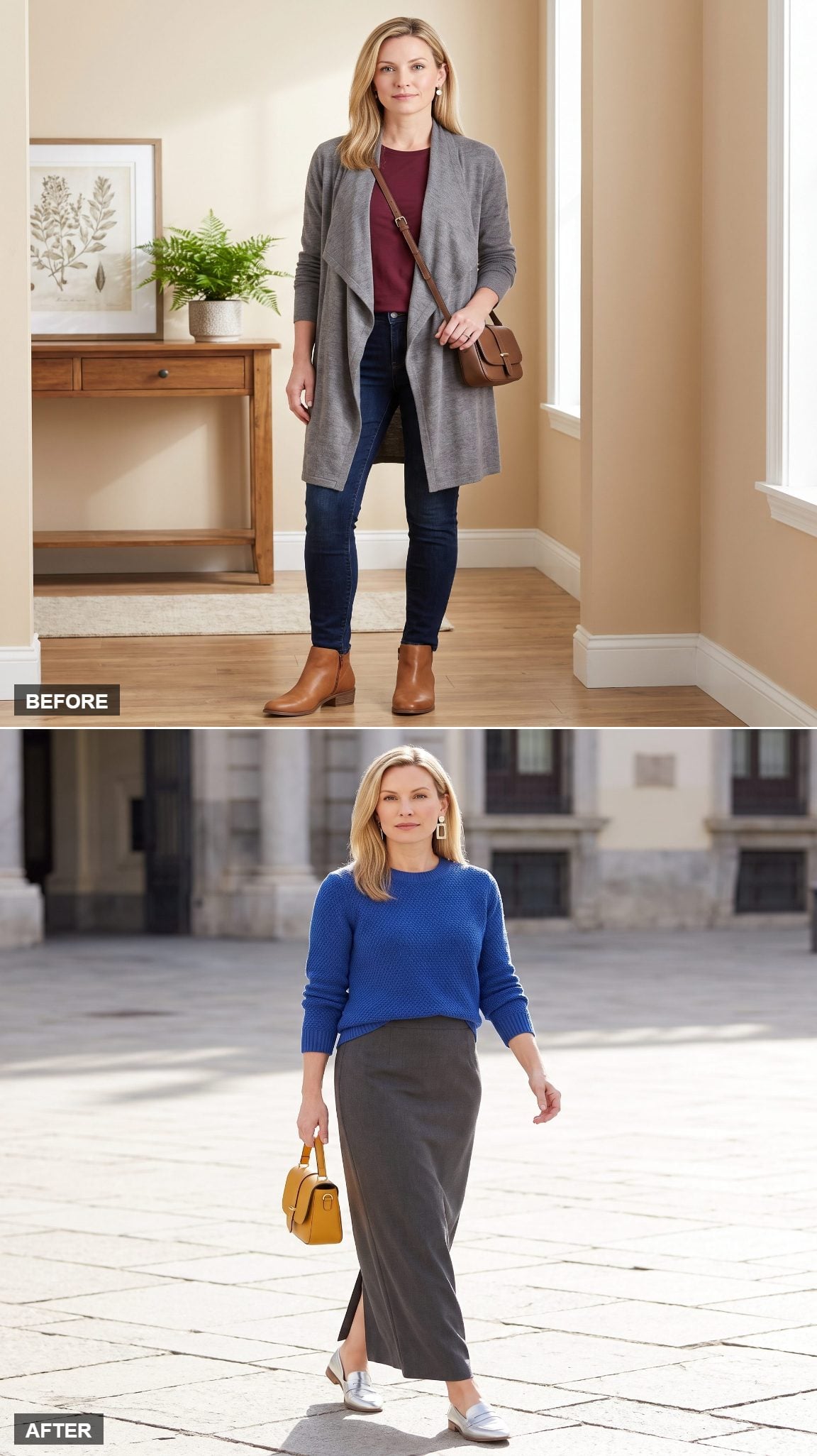 Cobalt Statement Knit + Charcoal Column Skirt