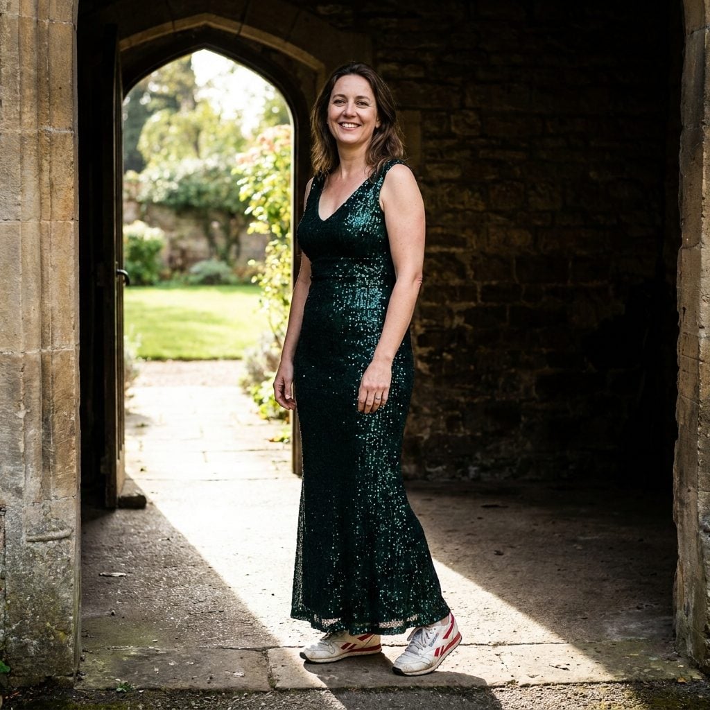 Woman in a burgundy satin cocktail dress wearing retro white-and-grey gym trainers with a chunky sole.