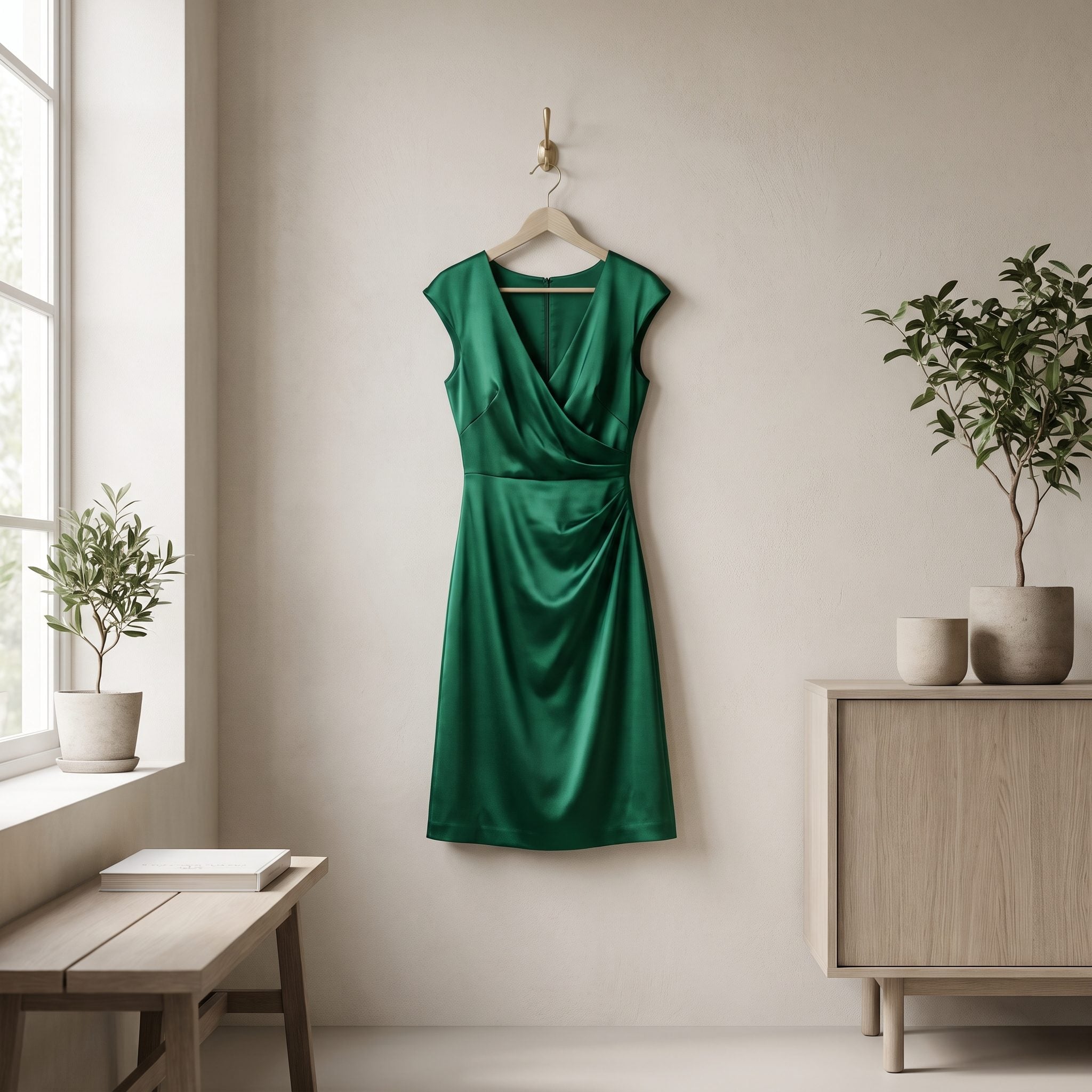 Emerald satin cocktail dress with an elegant evening silhouette