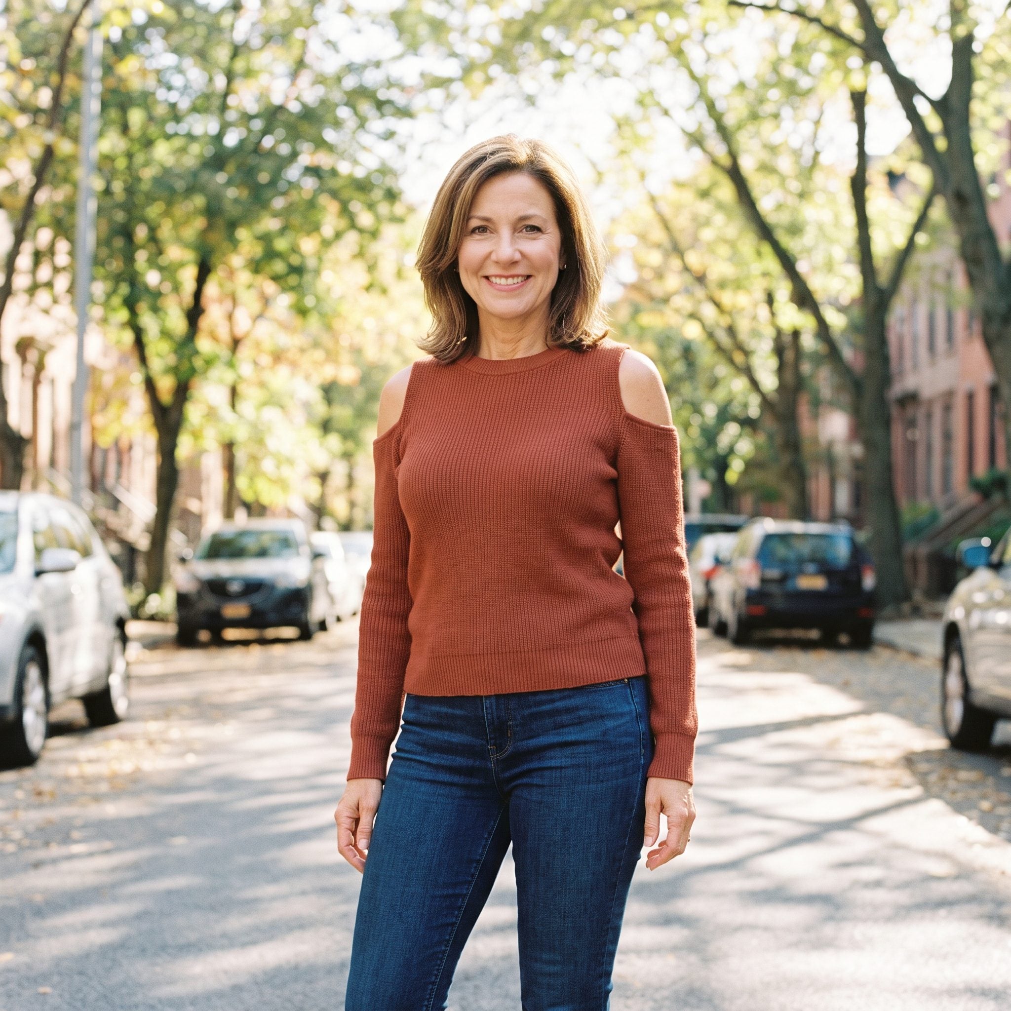 Woman in black skinny jeans and a teal cold-shoulder blouse with cutouts at the shoulders and loose flowing sleeves.