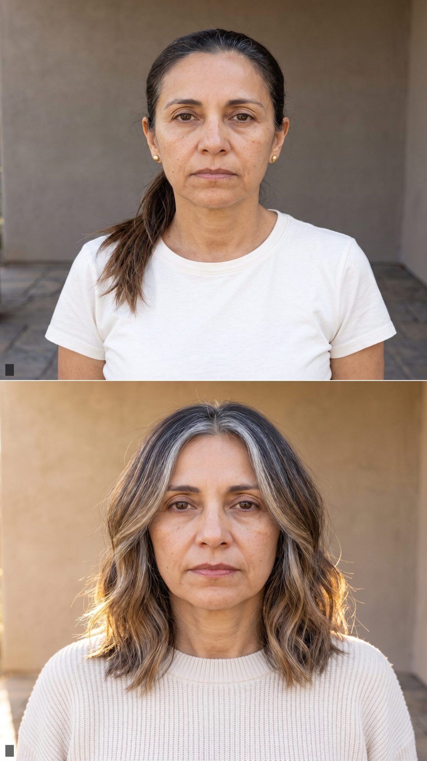 Collarbone Lob with Long Face-Framing Layers and a Blended Silver Front