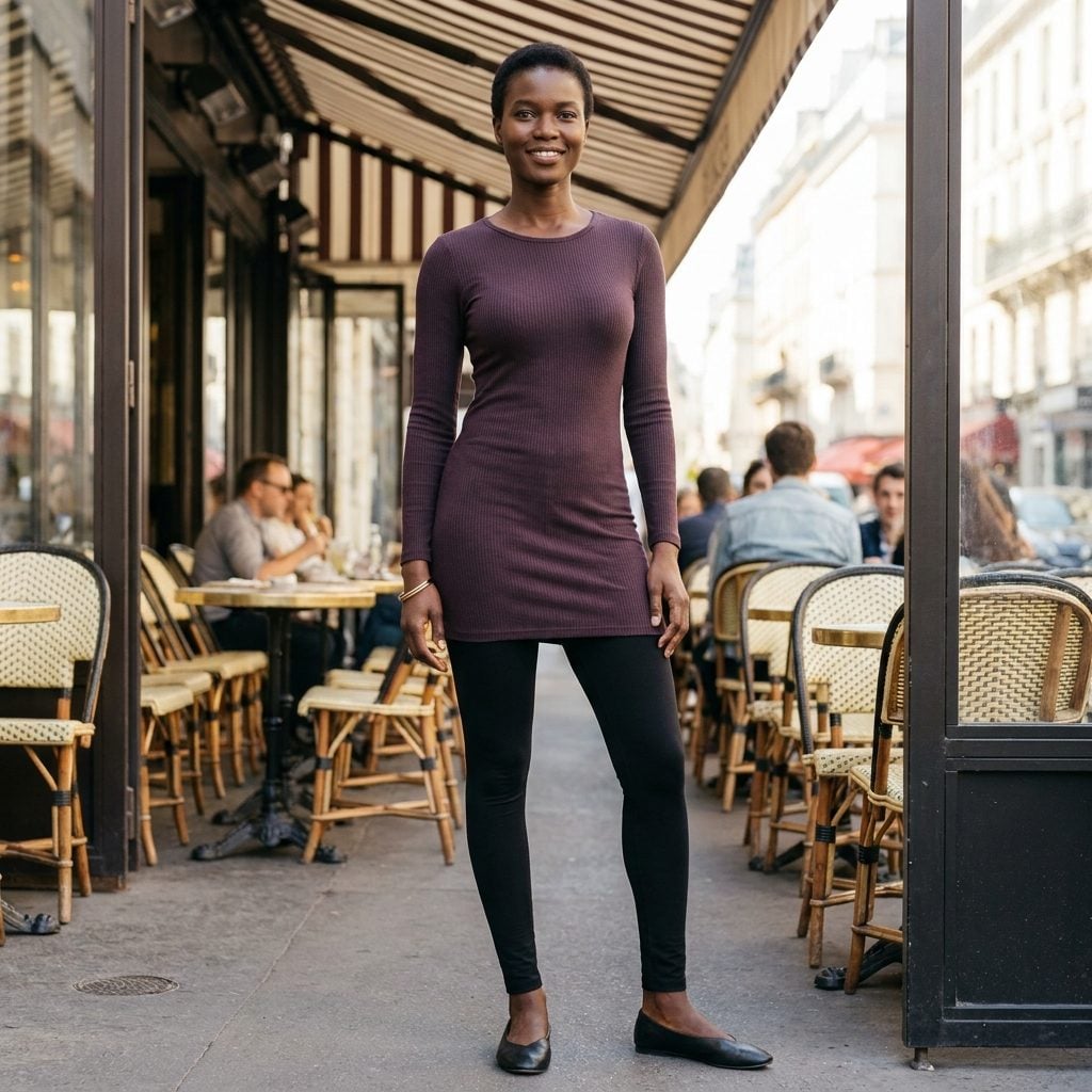 Woman in black leggings and a long plum ribbed tunic that clings closely from shoulder to mid-thigh.