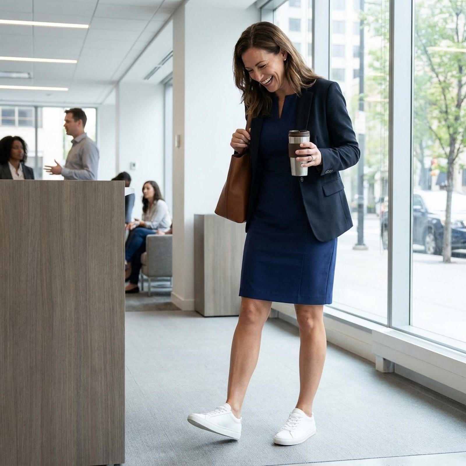White gym shoes paired with a tailored knee-length work dress