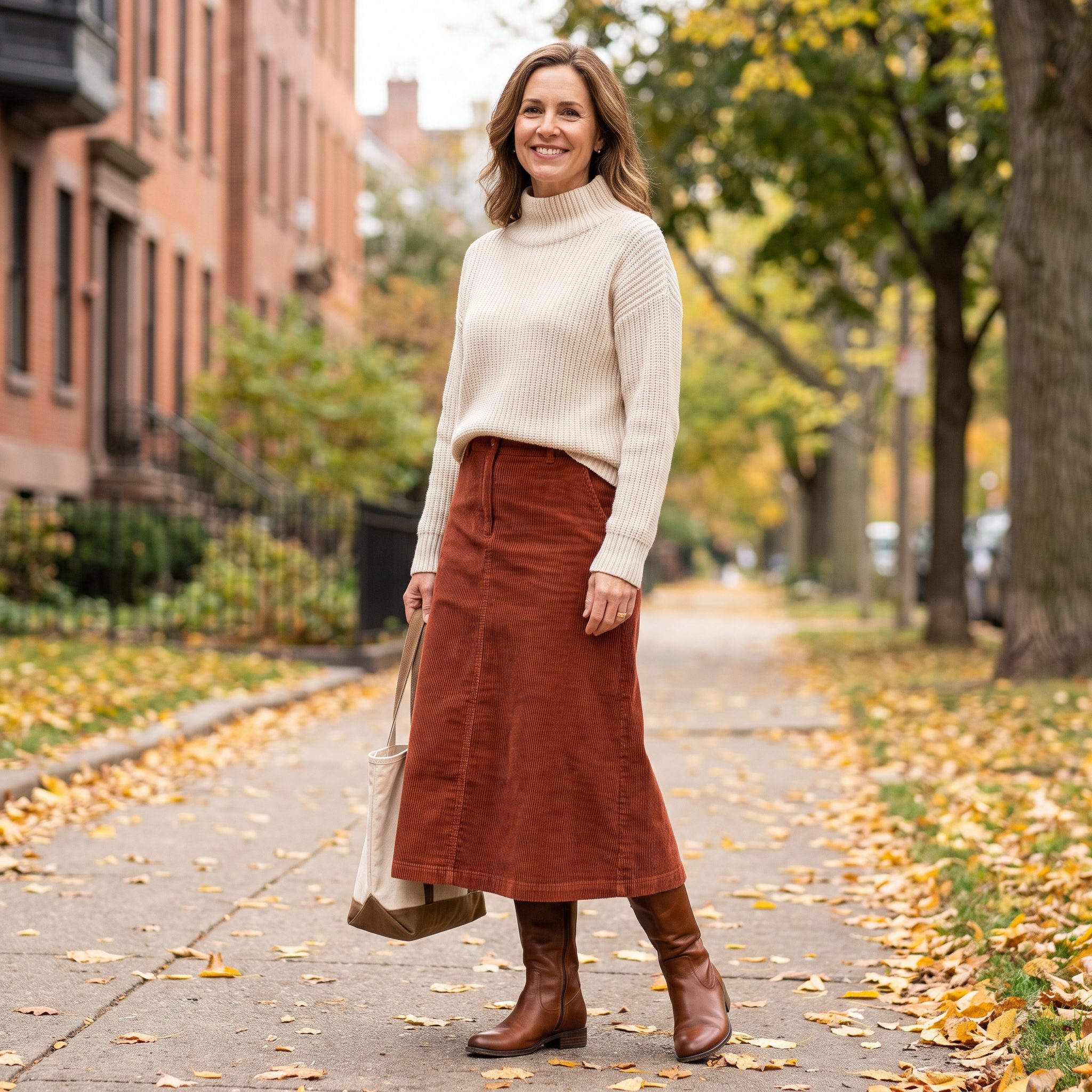 Corduroy Midi + Funnel-Neck Knit
