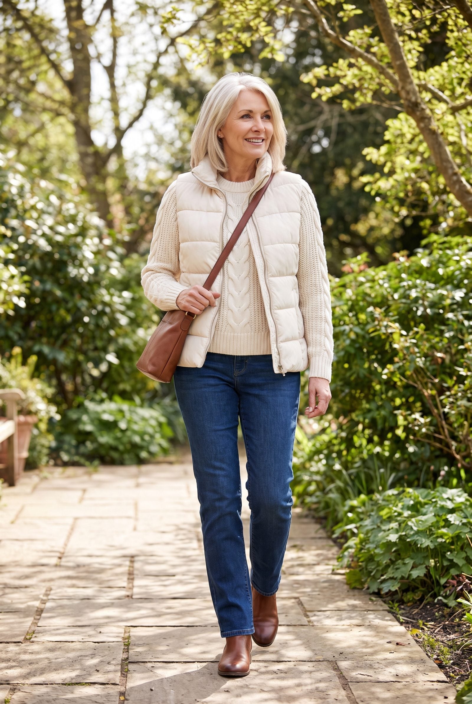Cream Puffer Vest Over a Cable Knit and Dark Denim