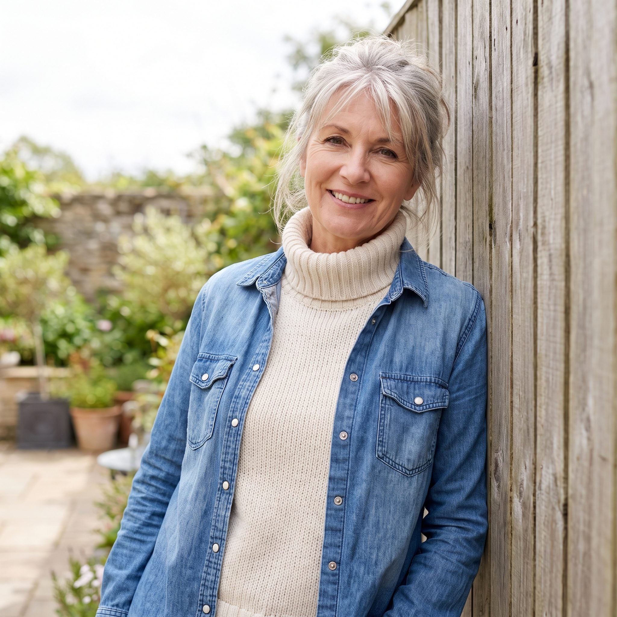 Cream Turtleneck Under an Open Denim Shirt