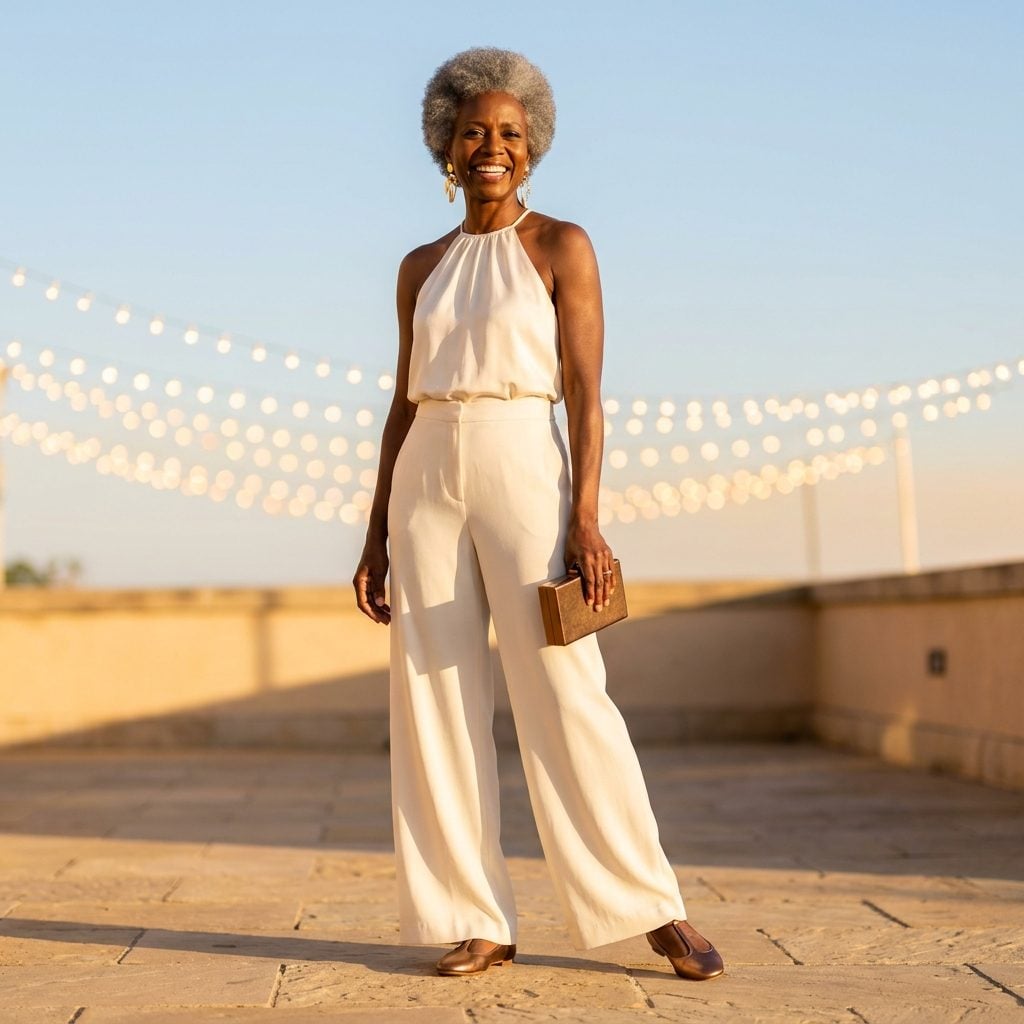 Cream Wide-Leg Trousers + Bronze Metallic T-Strap Flats