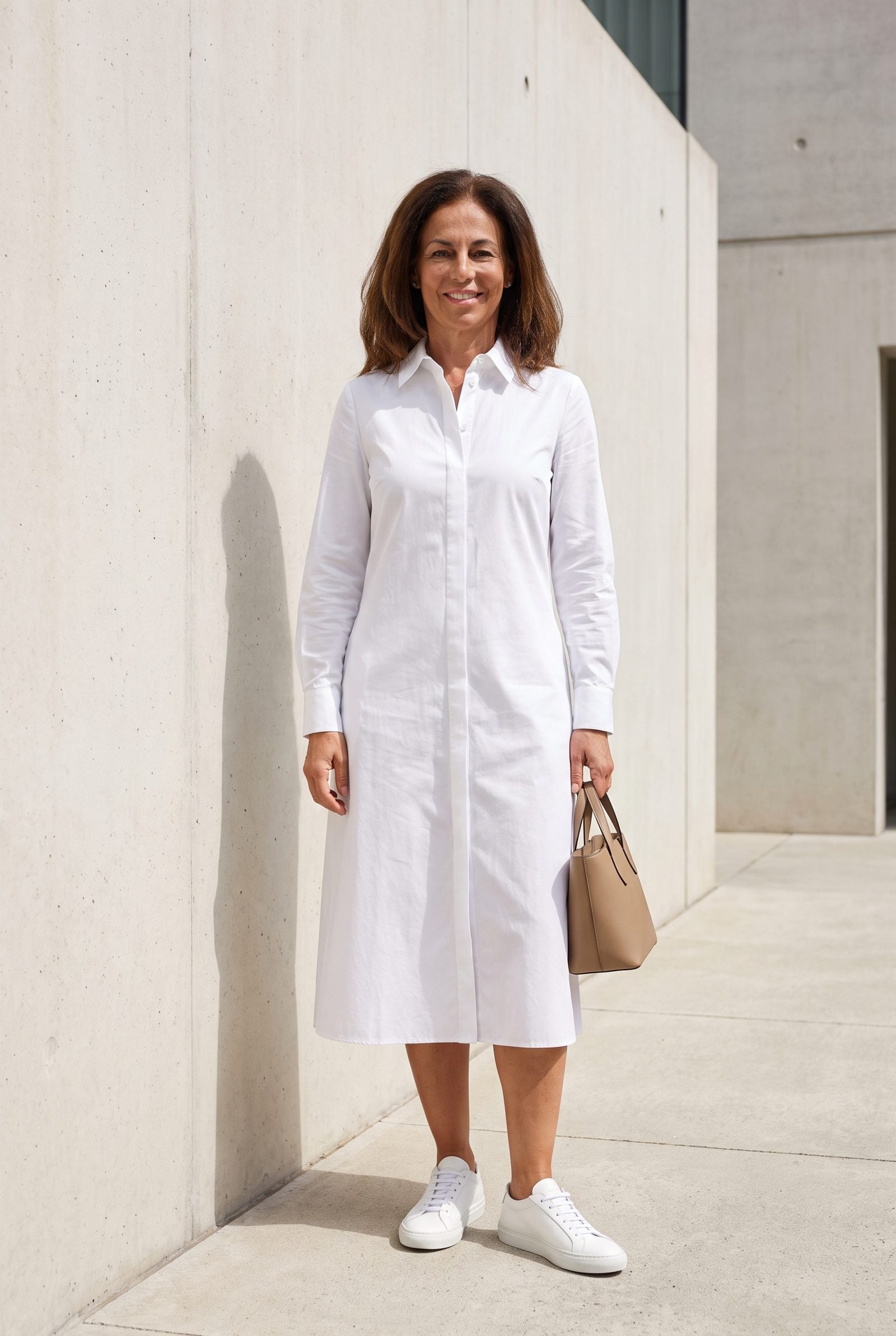 Crisp Cotton Shirtdress With Minimal Leather Sneakers: Chic