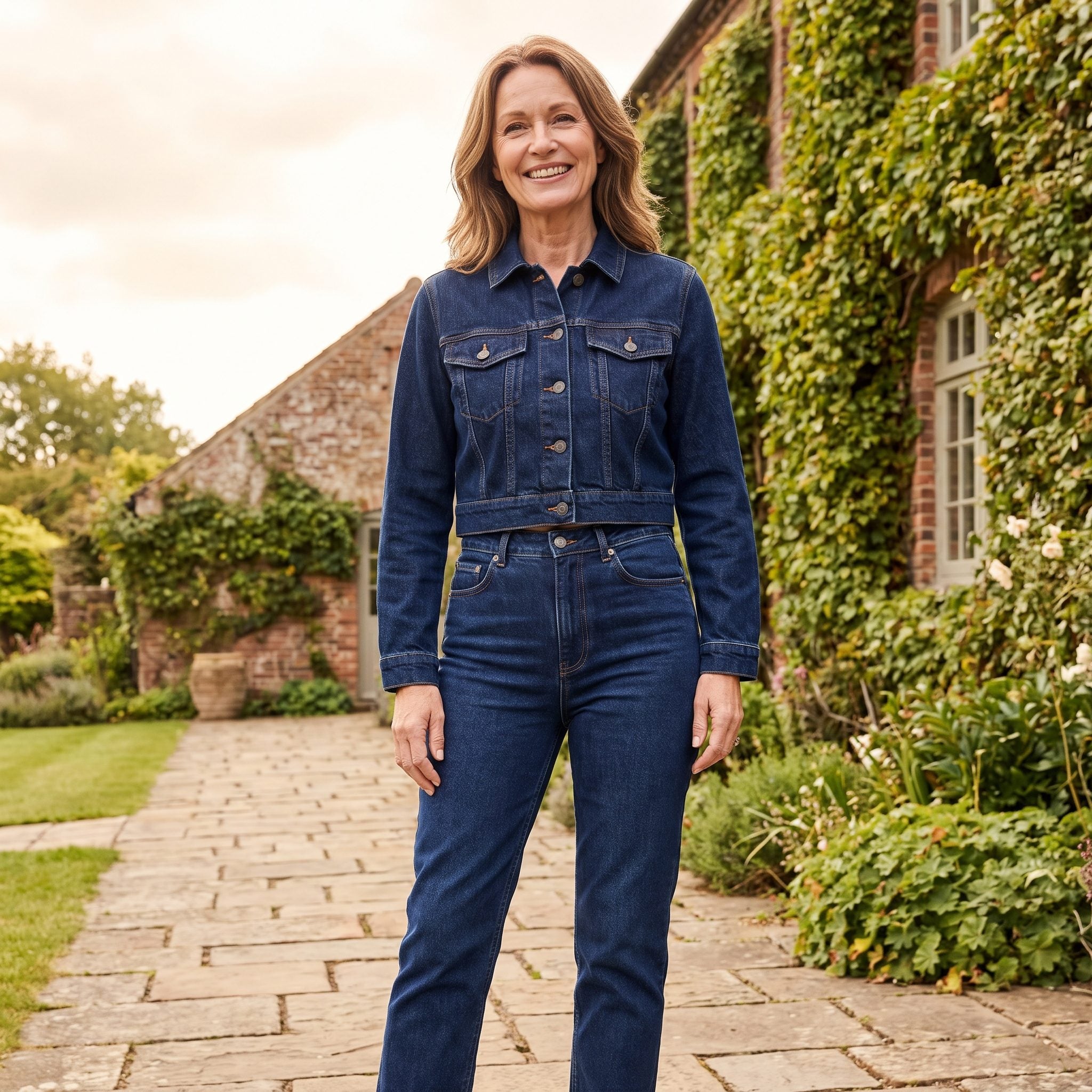 Woman in a cropped medium-wash denim jacket, white knit, high-rise dark indigo jeans and tan ankle boots.