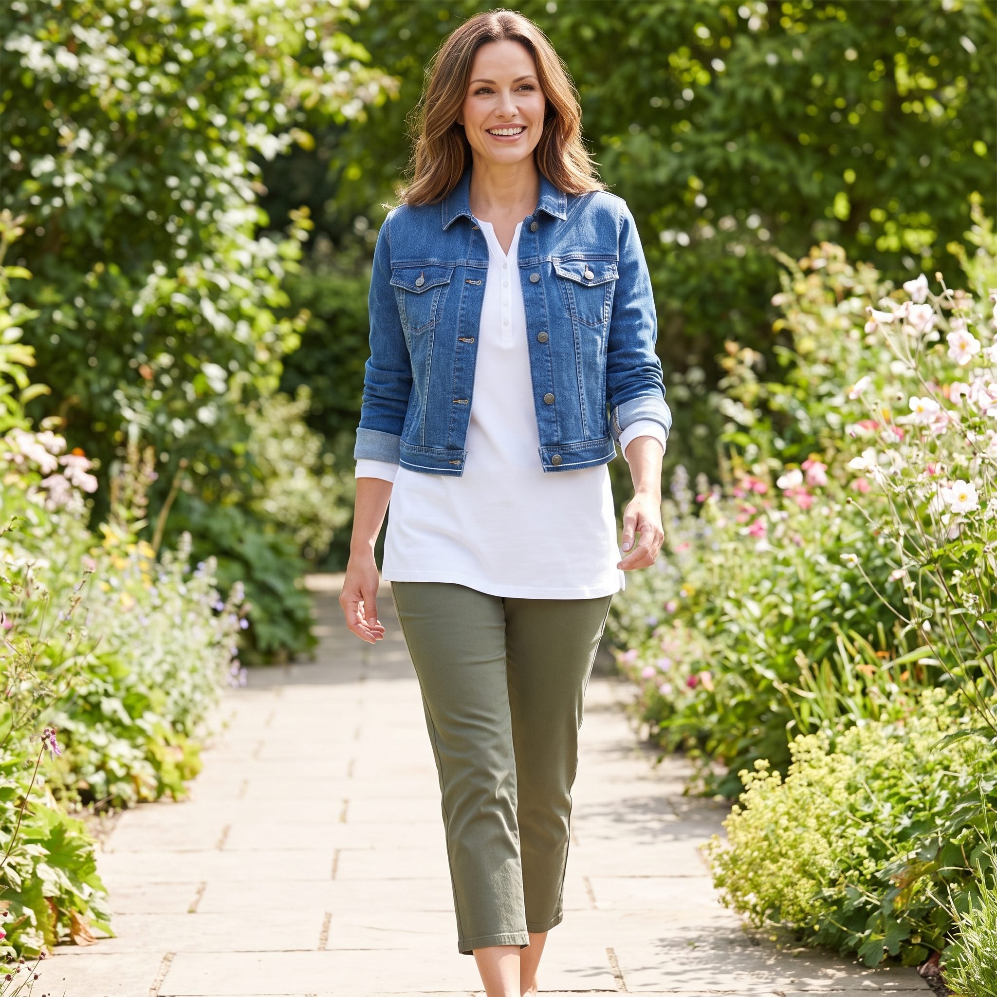 Woman in a short denim jacket over a long white top with ankle-cropped olive trousers, showing three separate hem lines.