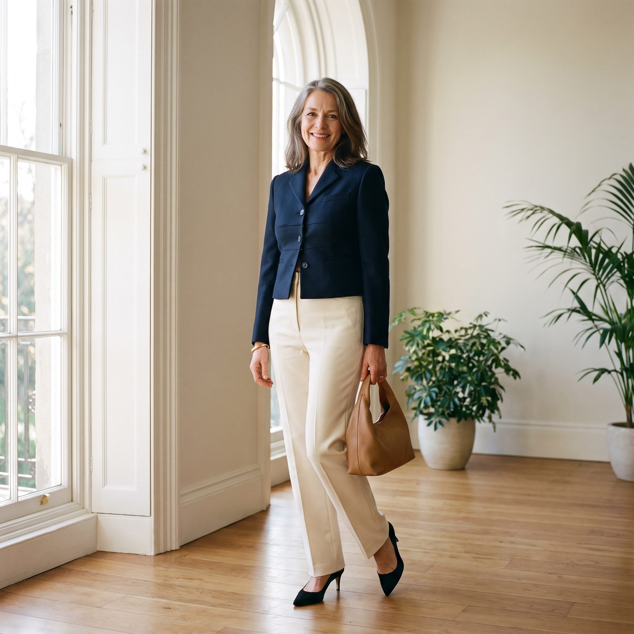 Woman in a navy cropped blazer and cream high-rise trousers, the blazer buttoned and pulling slightly across the bust and