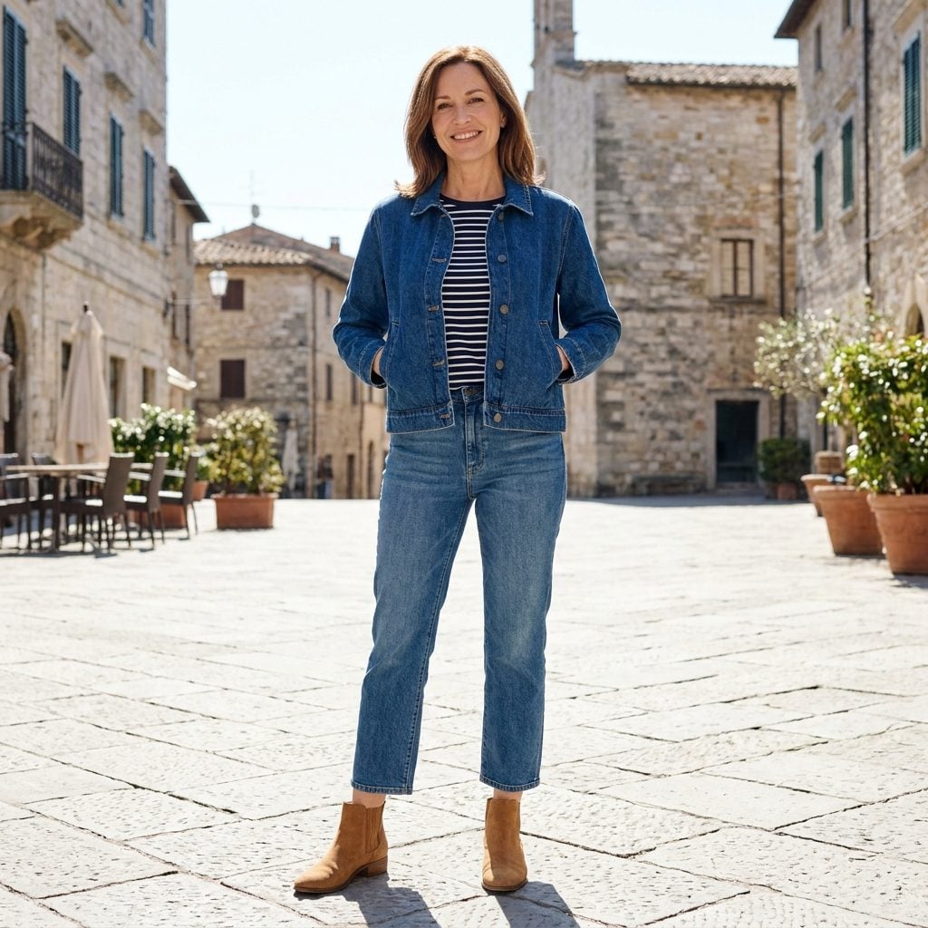 Woman in a cropped denim jacket and cropped jeans with tan suede ankle boots, two horizontal breaks across the body.