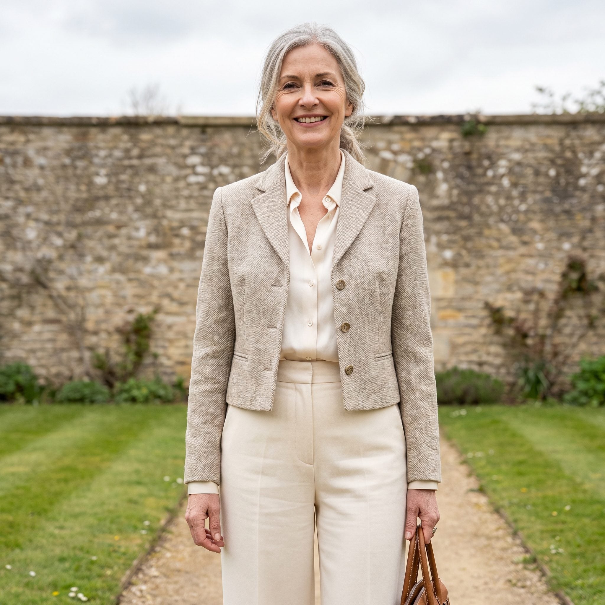 Woman in a cropped ivory boucle jacket ending at the natural waist over a tucked satin blouse and high-rise taupe trousers.