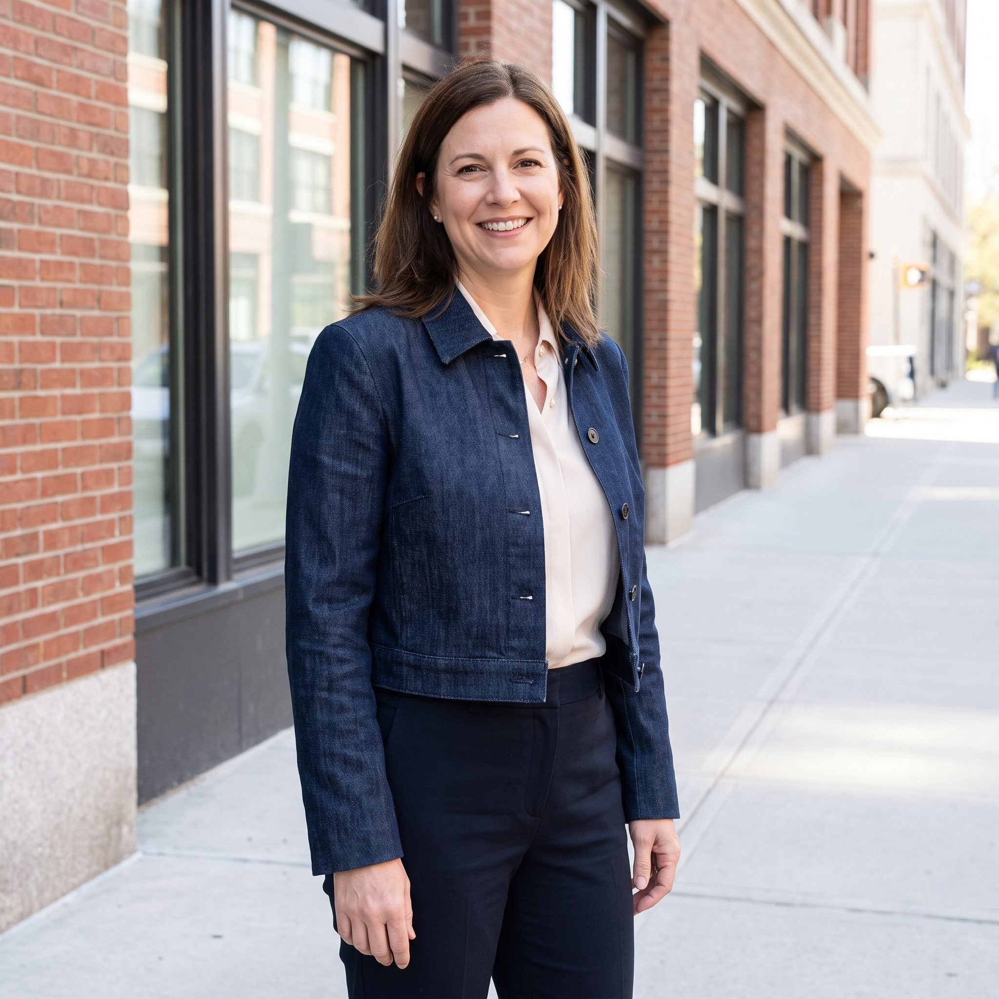 Woman in a camel cropped jacket with a straight hem landing across the widest part of the midsection.