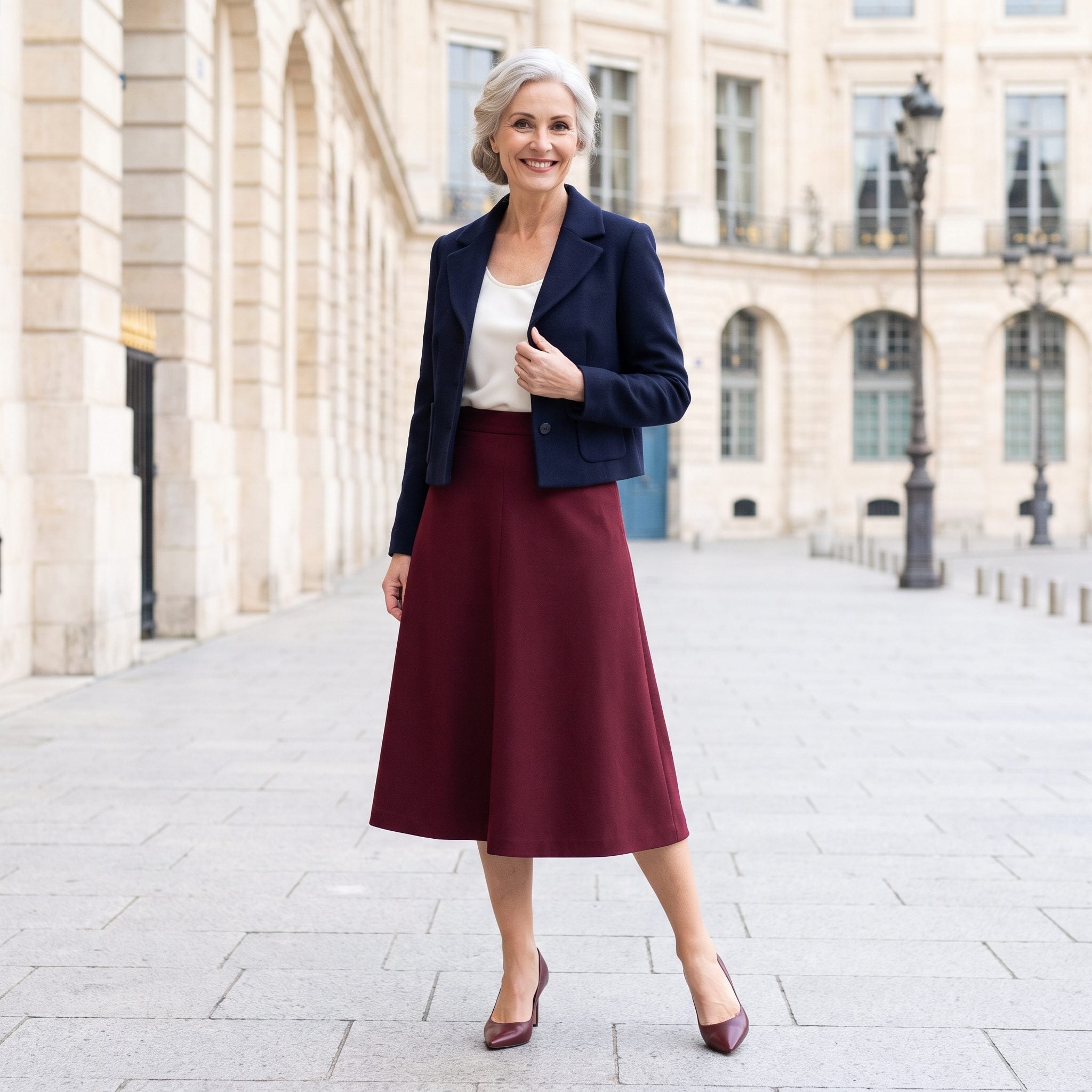 Cropped Jacket + High-Waisted A-Line Skirt, Waist Defined, Legs Longer
