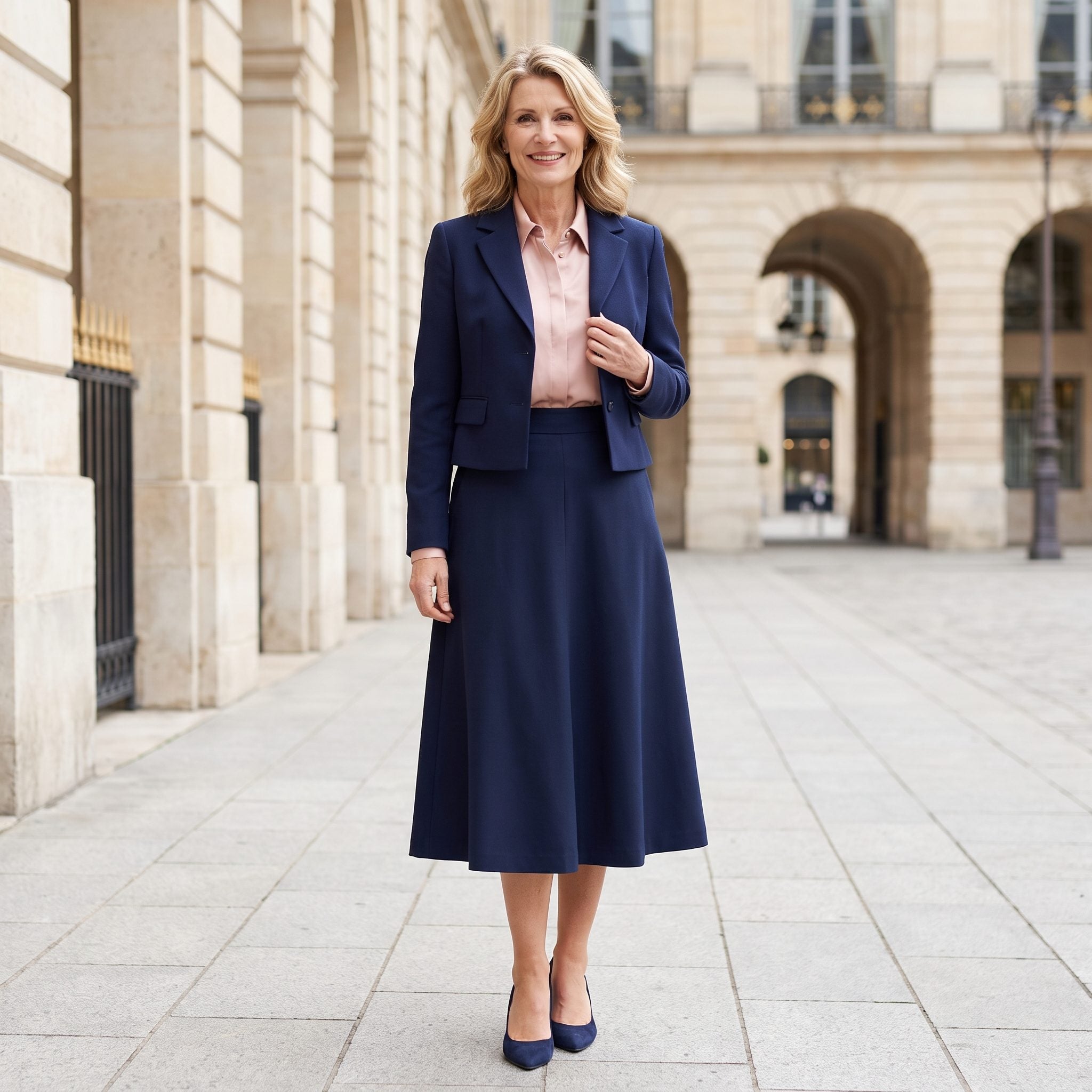 Cropped Jacket + High-Waisted A-Line Skirt, Waist Defined and Legs Lengthened